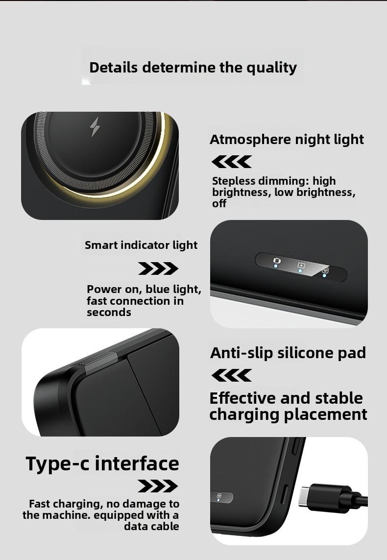 New foldable magnetic three-in-one wireless fast charger suitable for Apple phone stand wireless charging