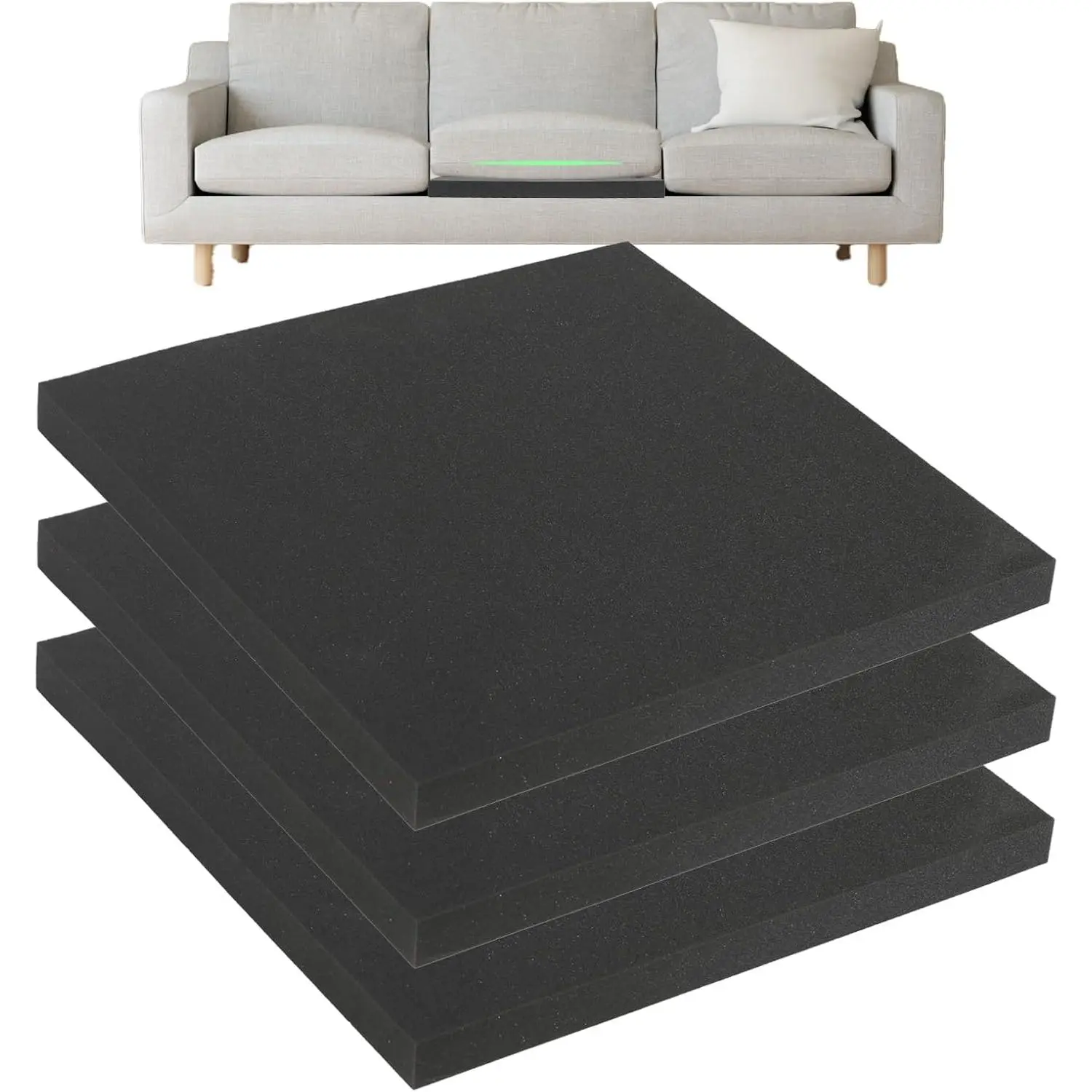 Couch Cushion for Sagging Seat - 20" x 20" High-Density Foam Cushion Board Insert, Firm Sofa for Couch, Loveseat or Chair, Quick No-Tool Sag Repair, Black 3PCS