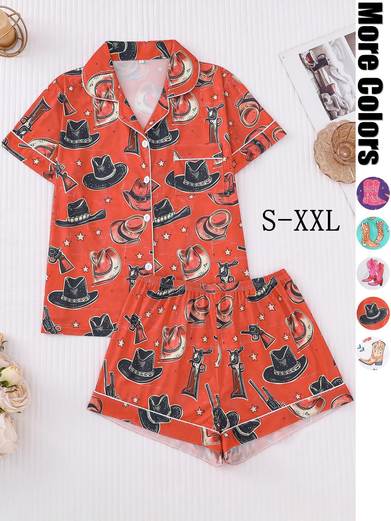 Women's All Over Cowboy Print Lapel Neck Button Front Pajama, Casual Comfy Short Sleeve Pocket Top & Elastic Waist Shorts PJ Set, Ladies Sleepwear Loungewear for All Seasons
