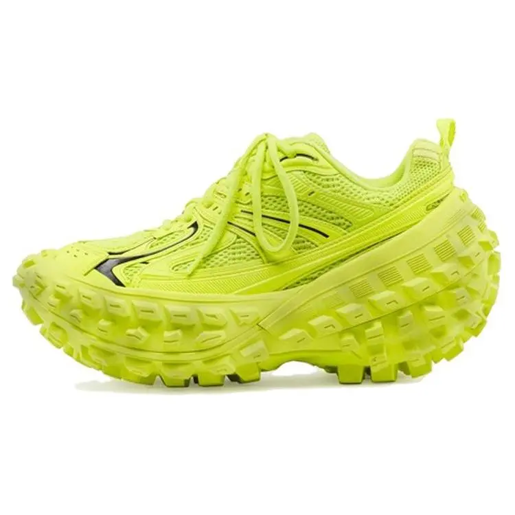 Balenciaga Defender Bouncer Retro Chunky Low-Top Dad Shoes for Men in Fluorescent Green with Distressed Finish Verifiable, with credentials and supporting global authentication