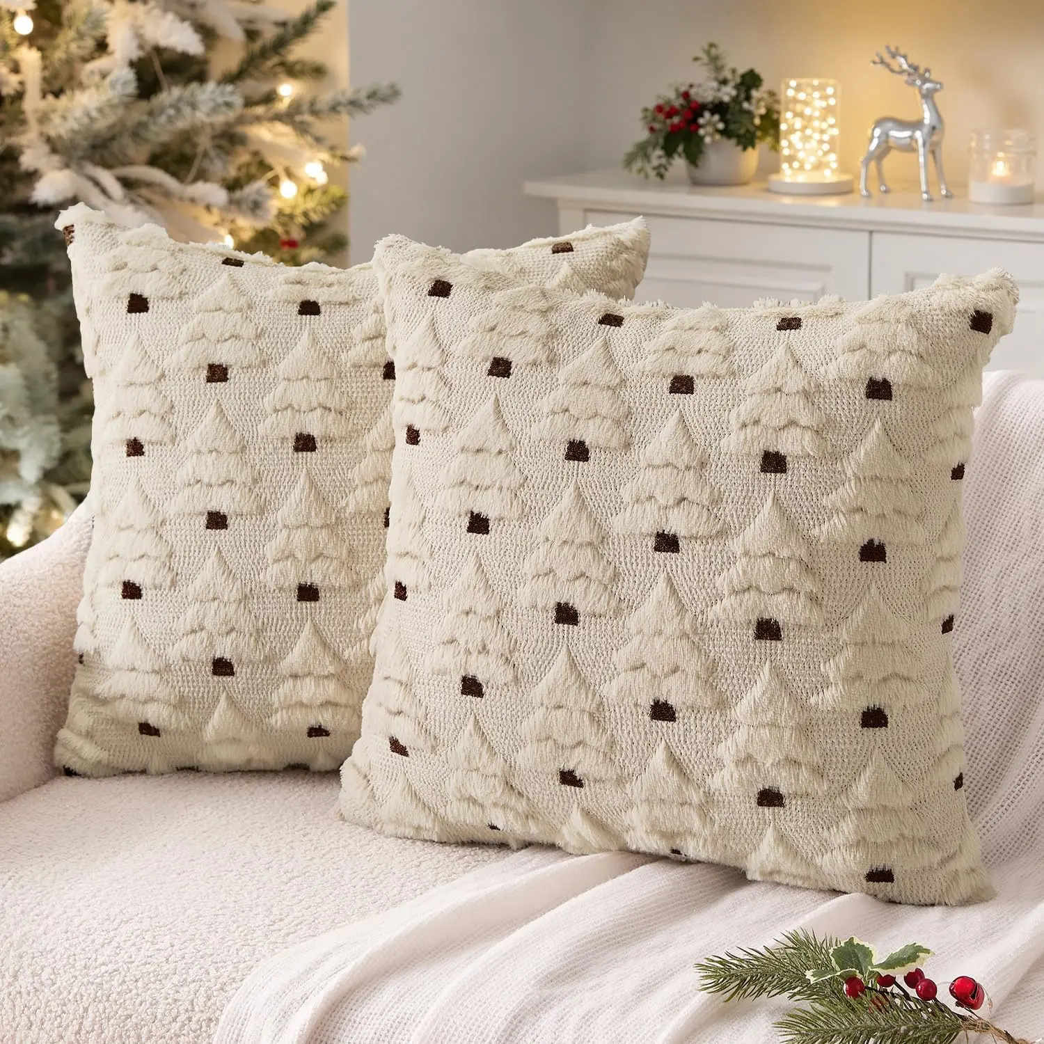 Christmas Tree Decorative Throw Pillow Covers 18x18 Inch Beige | Set of 2 Throw Pillow Cases, Soft Plush Cushion Covers, Xmas  Decor Winter Holiday for Sofa Couch Livingroom Bed