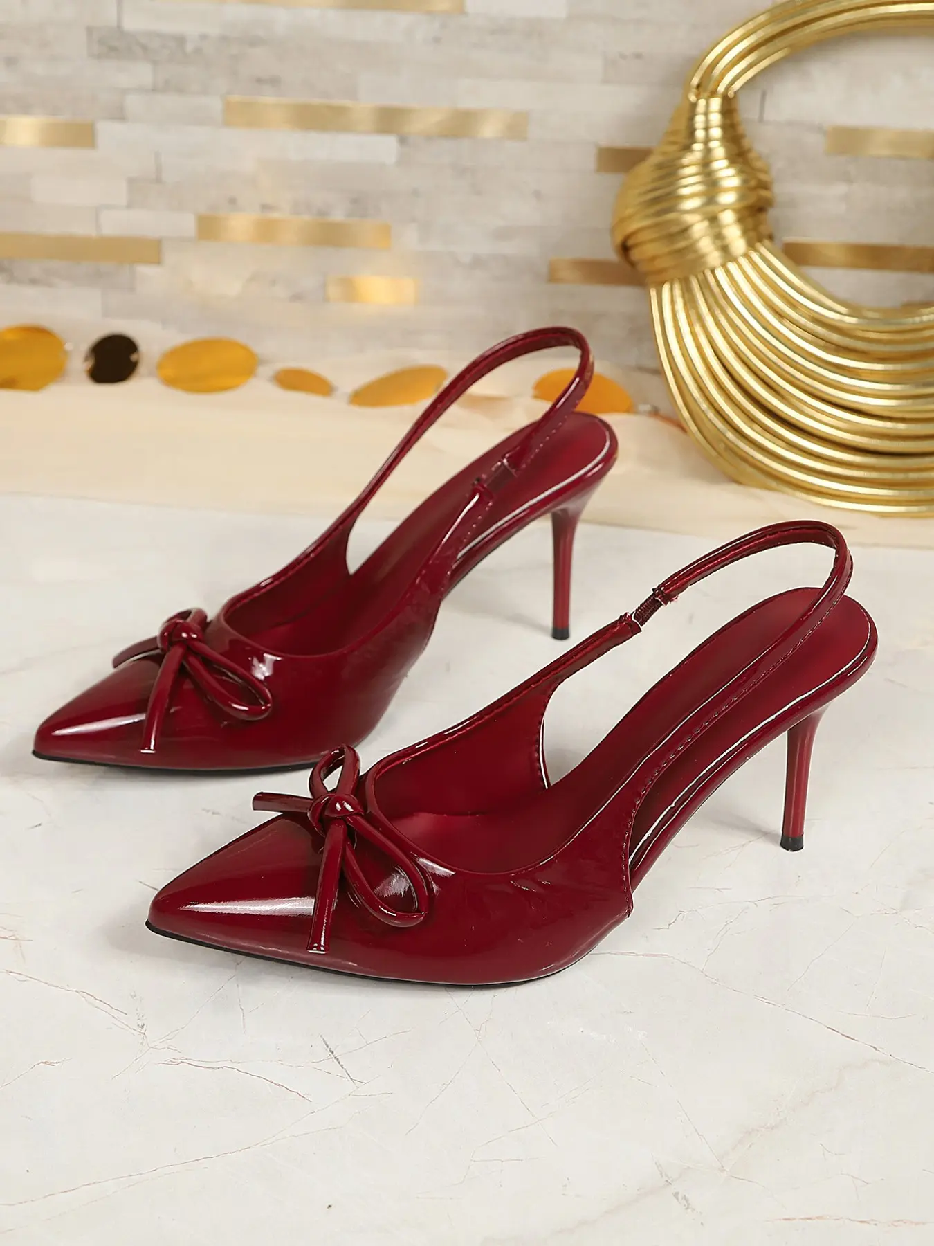 Women Patent Pointed Toe Slingback Stiletto Heels, Front Bow Thin Heel Dress Pumps, Elegant Office Wedding Party Shoes, Black Wine Red