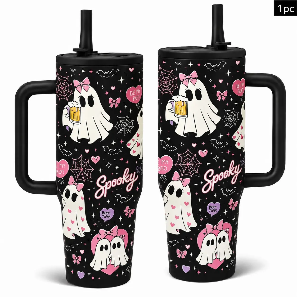 1PC 40oz Cute Ghost Bow Spider Web Bat Pattern Leakproof Insulated Tumbler with Handle & Lid, Double Wall Vacuum Leak-Proof Travel Mug, Hot 12H Cold 24H, Large Capacity Cup for Men Women, Halloween Birthday Gift