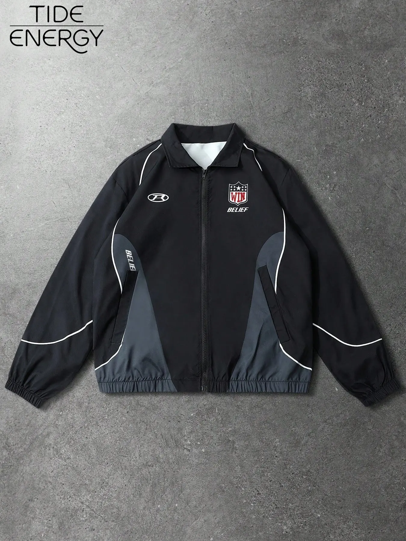 Y2K Retro Sport Jacket, Smooth Wrinkle-Resistant Fabric, Rugby Shield Patch, Belief Letter Print, Windproof, Sporty Sports Outerwear, Casual Outerwear for Campus & Coffee Shops, Casual Sports Jacket