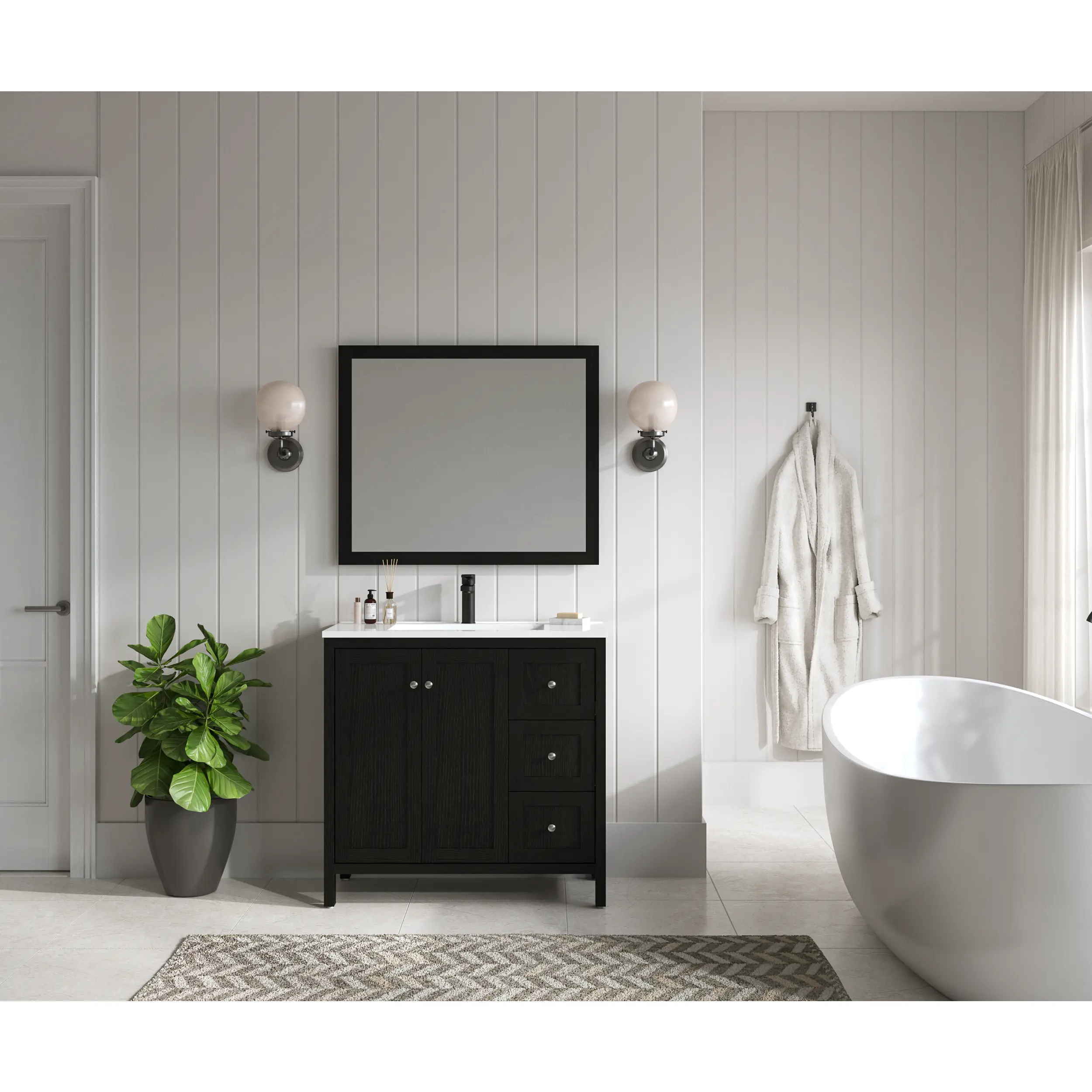 Nokaa 35.5 Inch Modern Bathroom Vanity Cabinet with SMC Resin Basin, Soft Closing Doors and 3 Drawers, Plywood Storage Cabinet in Black Finish, Space-Saving Floor Cabinet for Bathroom Organization, American Design