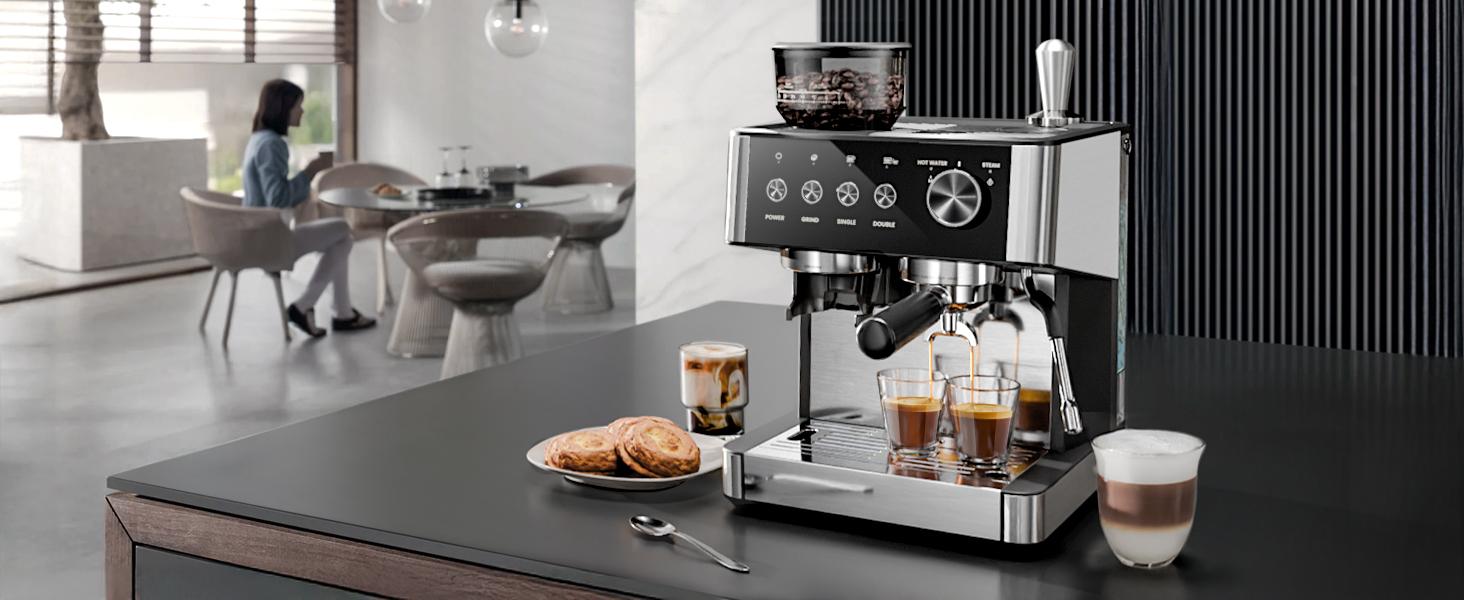 Kismile Espresso Machines with Grinder,20 Bar Professional Espresso Maker with Removable Water Tank,Milk Frother Steam Wand for Latte&Cappuccino,Ideal for Home/Office Coffee Equipment