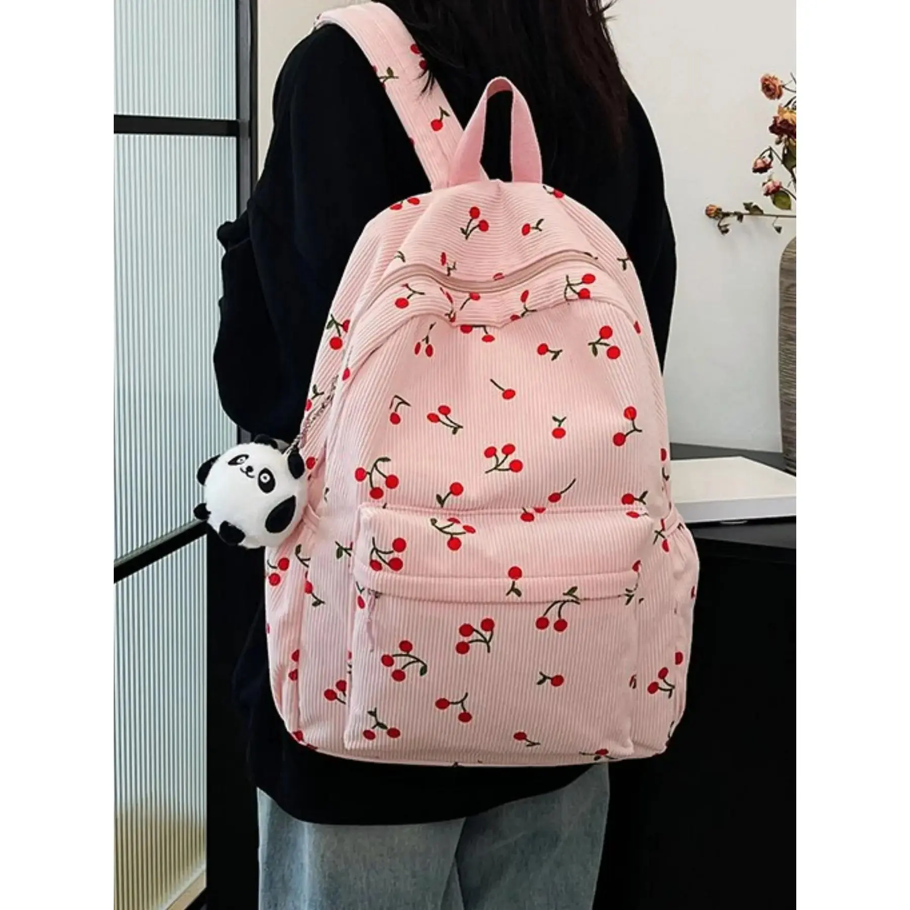 2026 Fashion New Cherry Backpack, Cute Versatile Backpack, Flannel Shoulder Bag, Travel Backpacks Autumn Winter Outdoor Backpack, Casual All Seasons Style