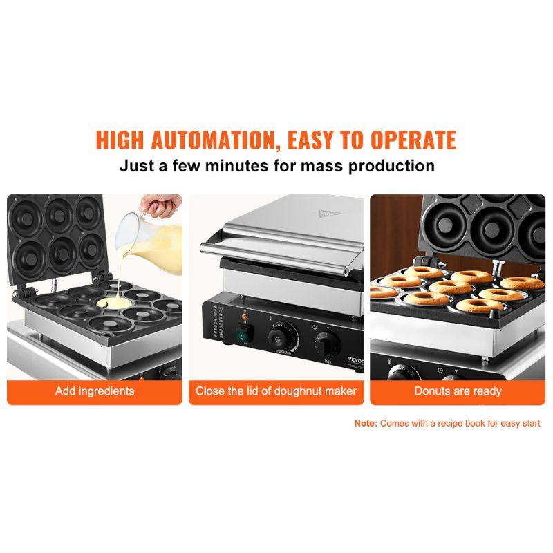 VEVOR Electric Donut Maker, 2000W Commercial Doughnut Machine with Non-stick Surface, 9 Holes Double-Sided Heating Waffle Machine Makes 9 Doughnuts, Temperature 122-572, for Restaurant and Home Use