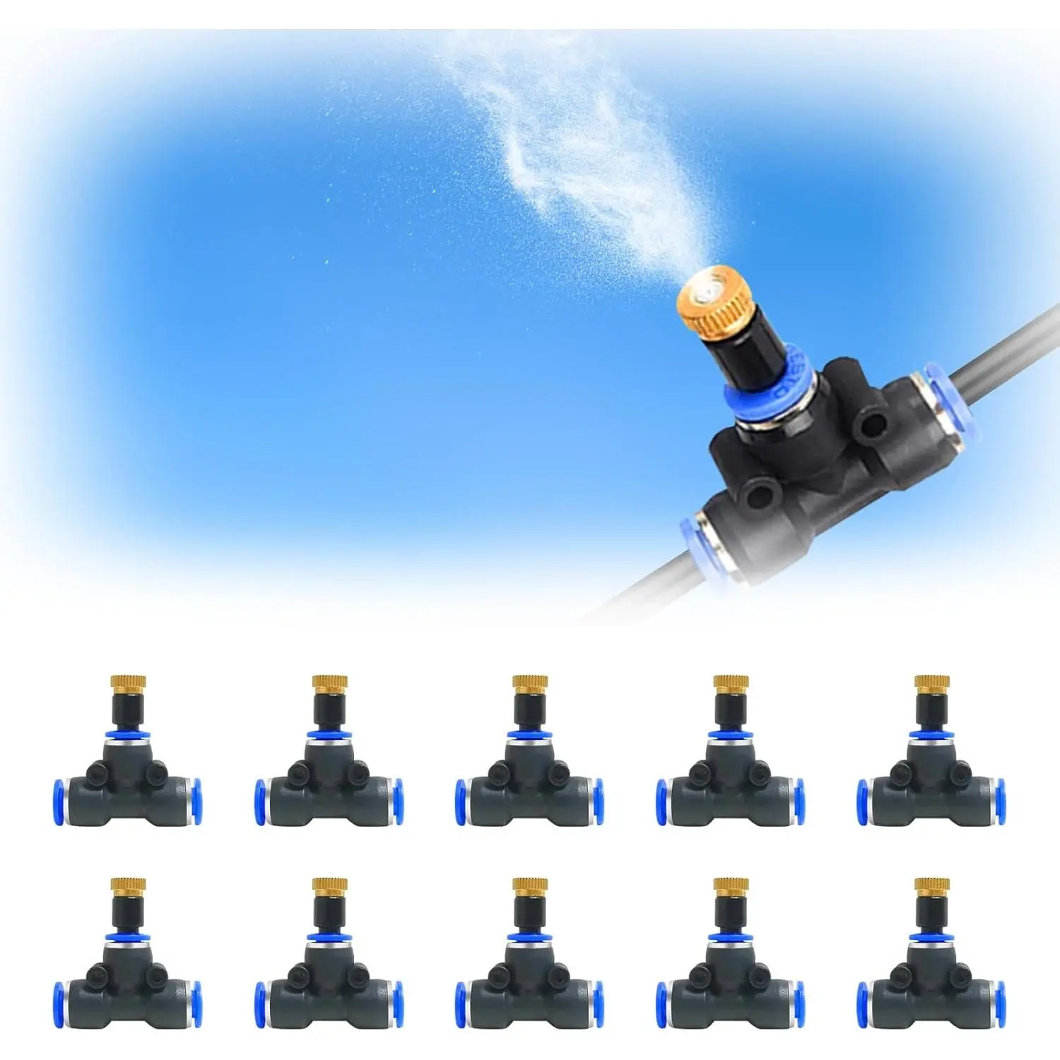Mister Nozzle Replacement Kit, 10 Pcs Outside Brass Mist Nozzles & Tees for 1/4'' Hose, Outdoor Water Misting Cooling System Sprinkler Parts for Patio,Backyard,Garden,Greenhouse,Umbrella
