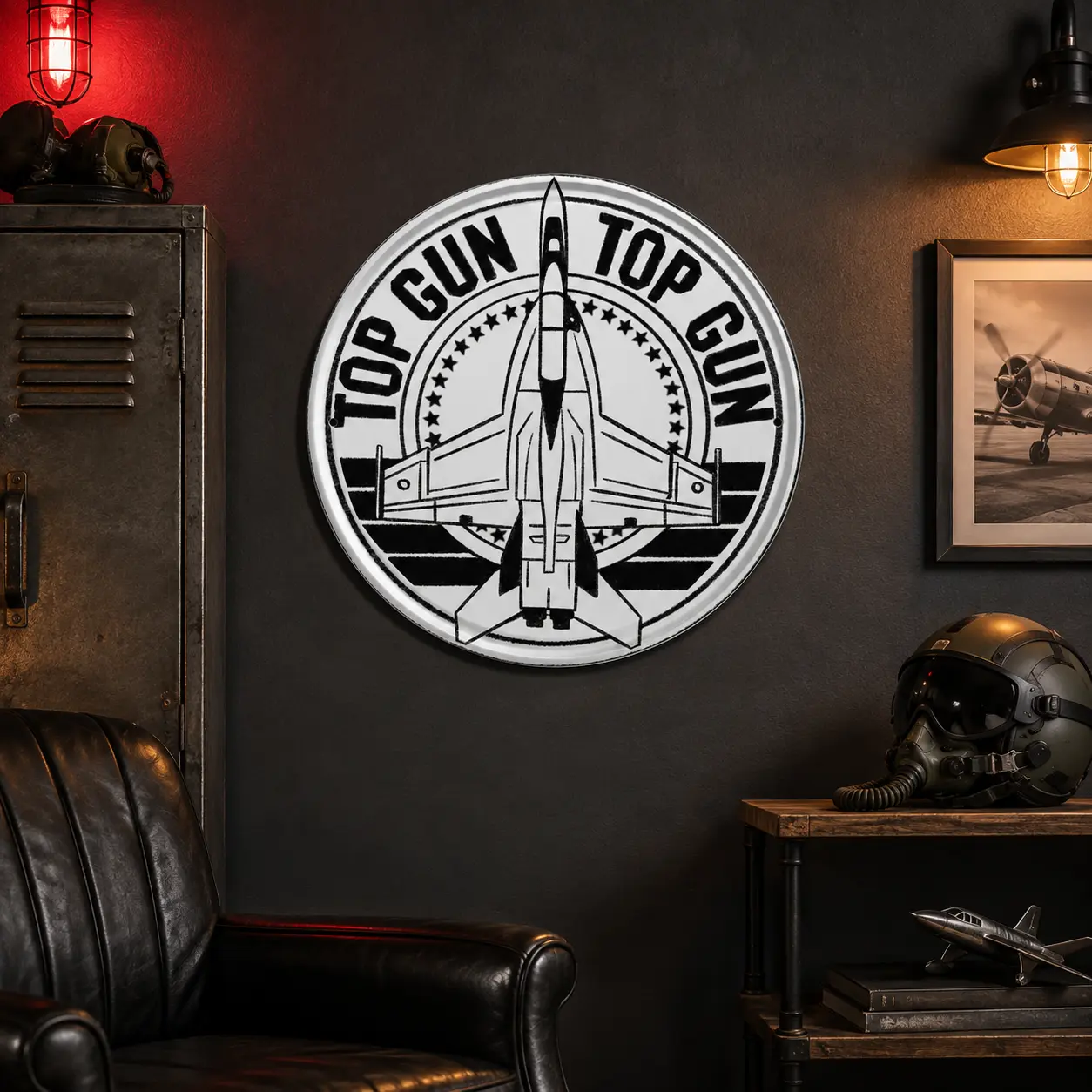 Top Gun Fighter Jet Round Metal Tin Sign,Vintage Aviation Wall Decor for Man Cave, Garage, Bar, Office and Pilot Room Gift