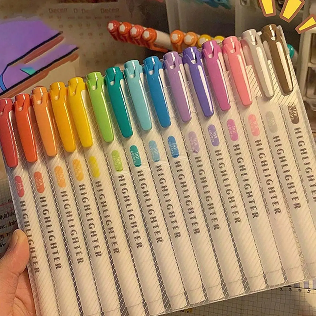 15-Pack Dual-Ended Fluorescent Pens, Soft Color Highlighters, Student Notebook Bulk Markers, Wide and Fine Tips, Ideal for Coloring and Underlining