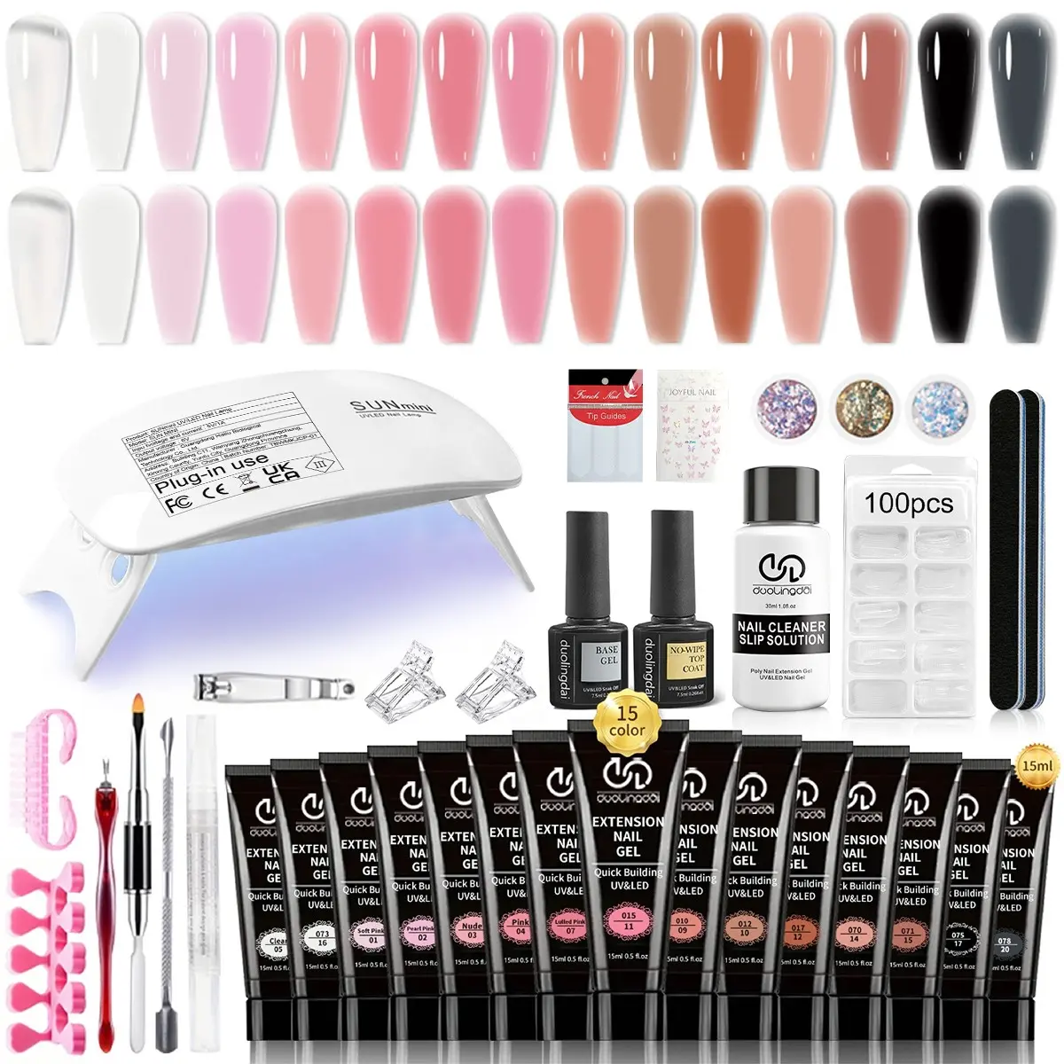 Poly Nail Gel Kit with 15 Counts Poly Nail Extension Gel Builder, Quick Building Nail Mold Tips, and Art Tools, Perfect Gift for Nail Art Enthusiasts