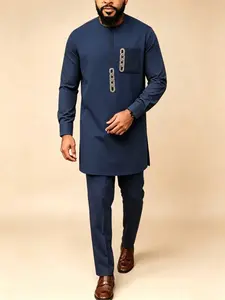 Men's Kaftan Set, African Style Long Sleeve Embroidered Shirt and Casual Pants, Traditional Muslim Festival Wedding, 2-Piece Suit