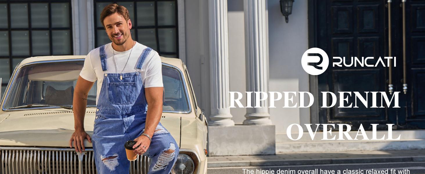 Beotyshow Men's Denim Bib Overall Ripped Distressed Jean Casual Fashion Workwear Adjustable Strap Hip Hop Jumpsuit