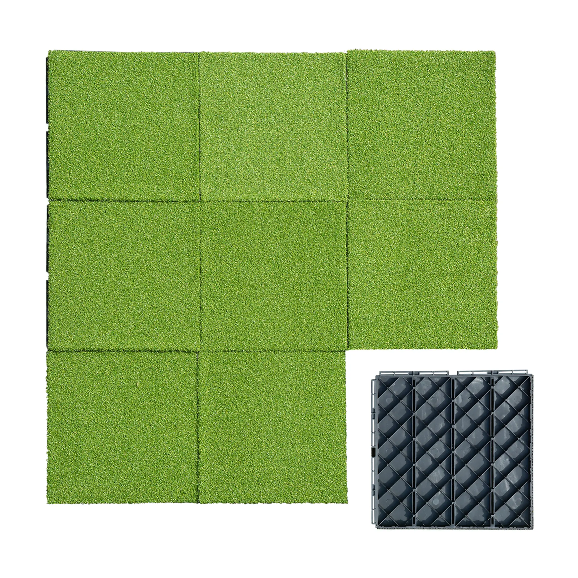 Linsy Grass Green Plastic Deck Tiles, 9-Piece Artificial Turf Click-In Flooring for Patio, Balcony, Rooftop, Play Area and Event Spaces, Soft Cushioned Surface, Detachable Tiles, Easy-Clean Weather-Resistant Indoor Outdoor Use, Quick Assembly