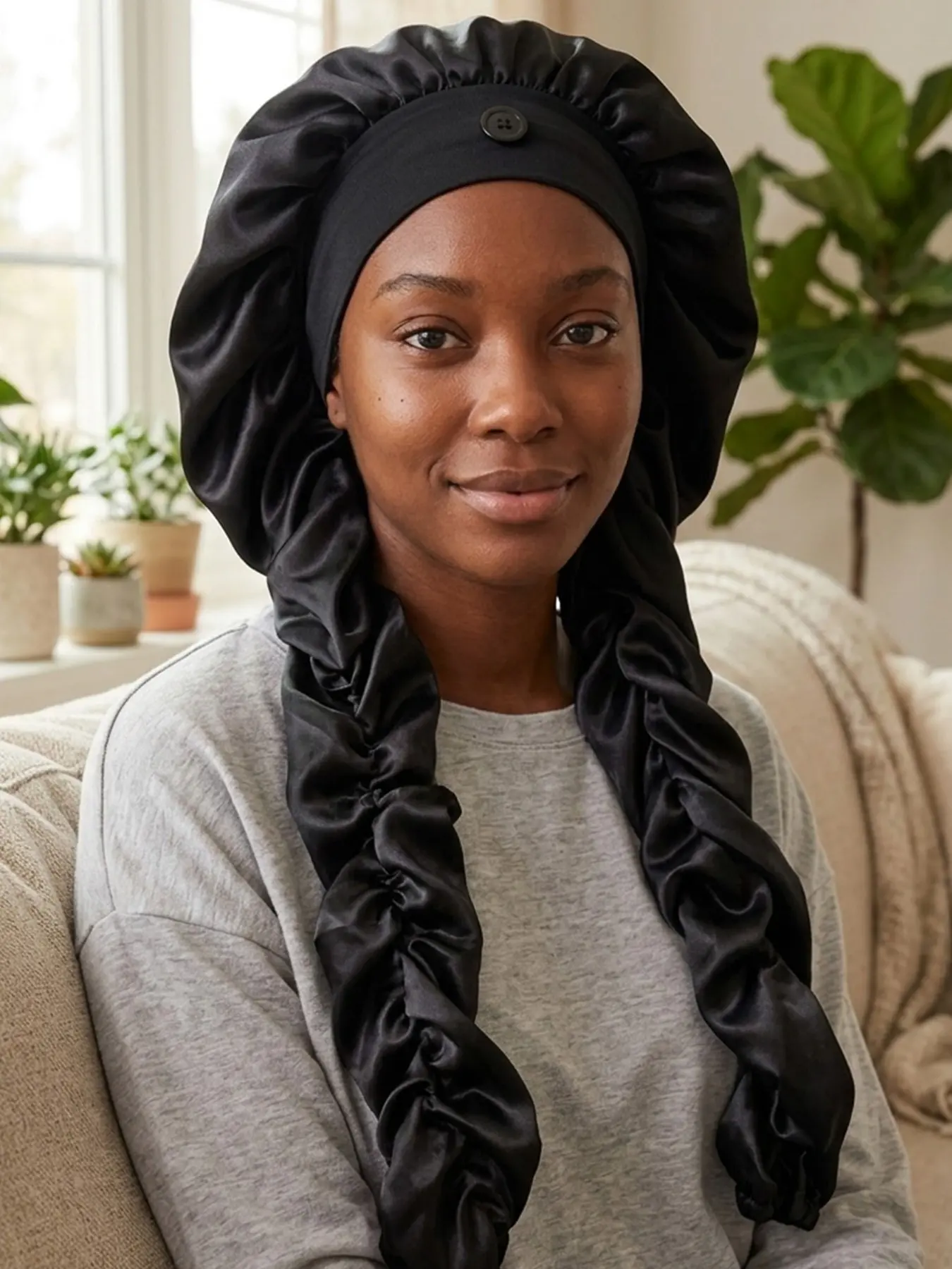 Women's Satin Bow Long Braid Sleep Cap, Adjustable Button Sleep Hat, Curl Night Headscarf, Smooth Anti-Static Hair Protection Cap