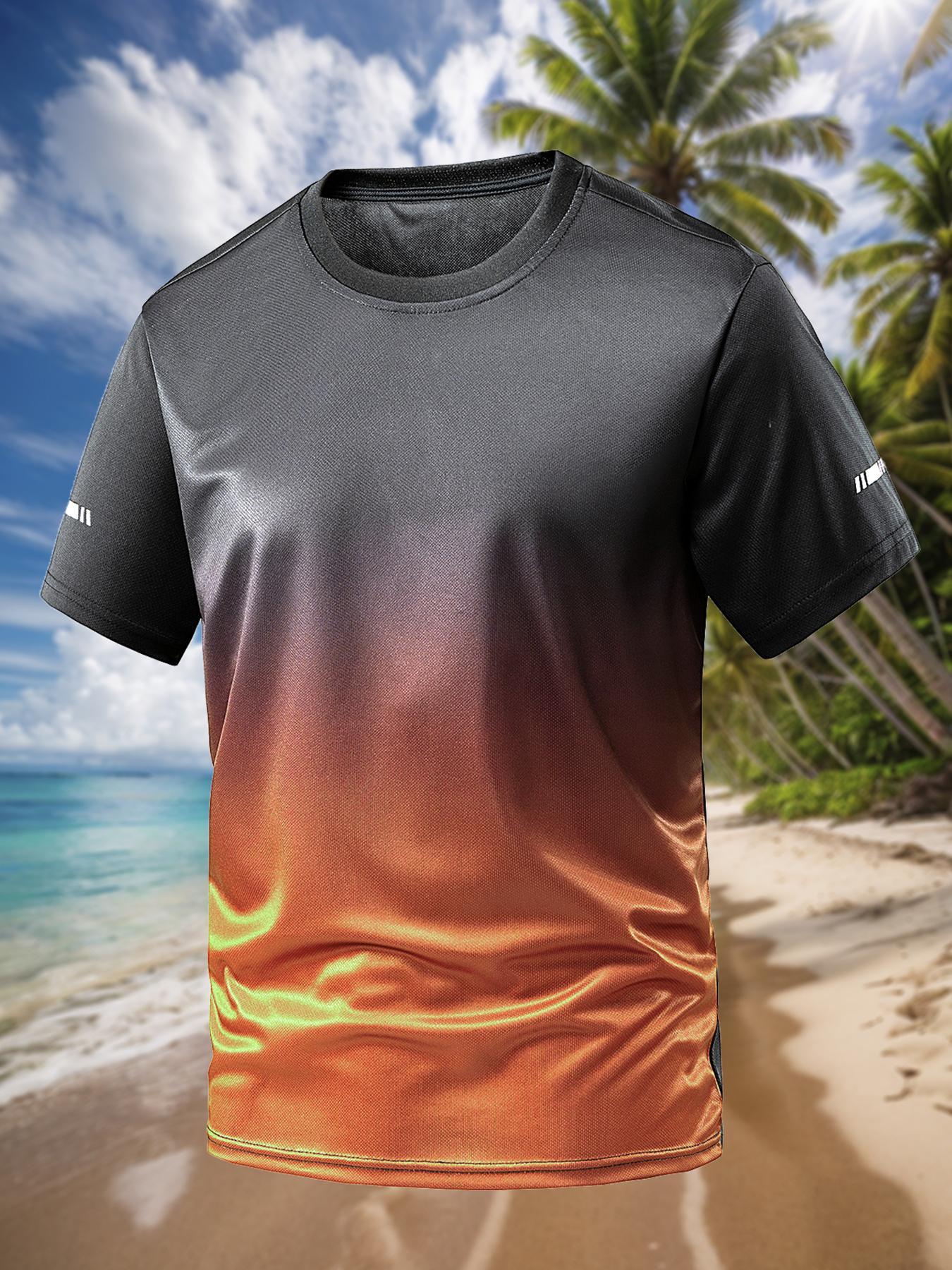 Men's Ombre Print Round Neck Tee, Regular Fit Sporty Quick Drying Breathable Short Sleeve T-shirt, Activewear T Shirt, Gym Tees for Gym Workout Running, Men's Top for All Seasons