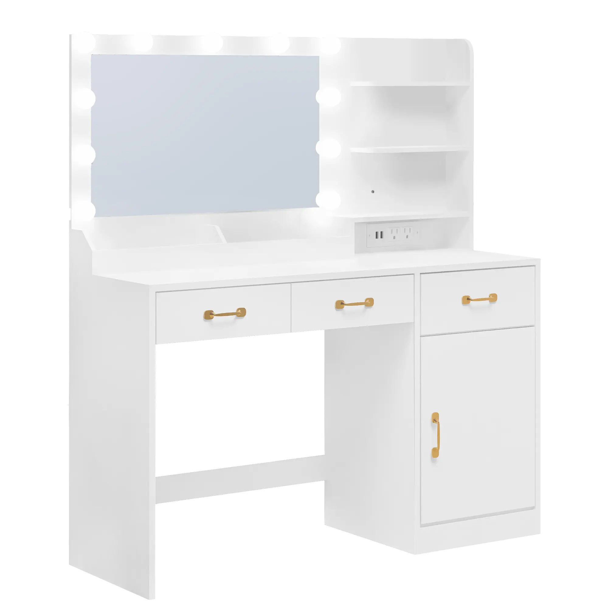Garvee Makeup Vanity Desk with Mirror & 11 LED Bulbs - Power Outlet Charging Station - 3 Drawers, 2 Cubbies, Storage Cabinet & Open Shelves - Wooden Dressing Table for Bedroom, White