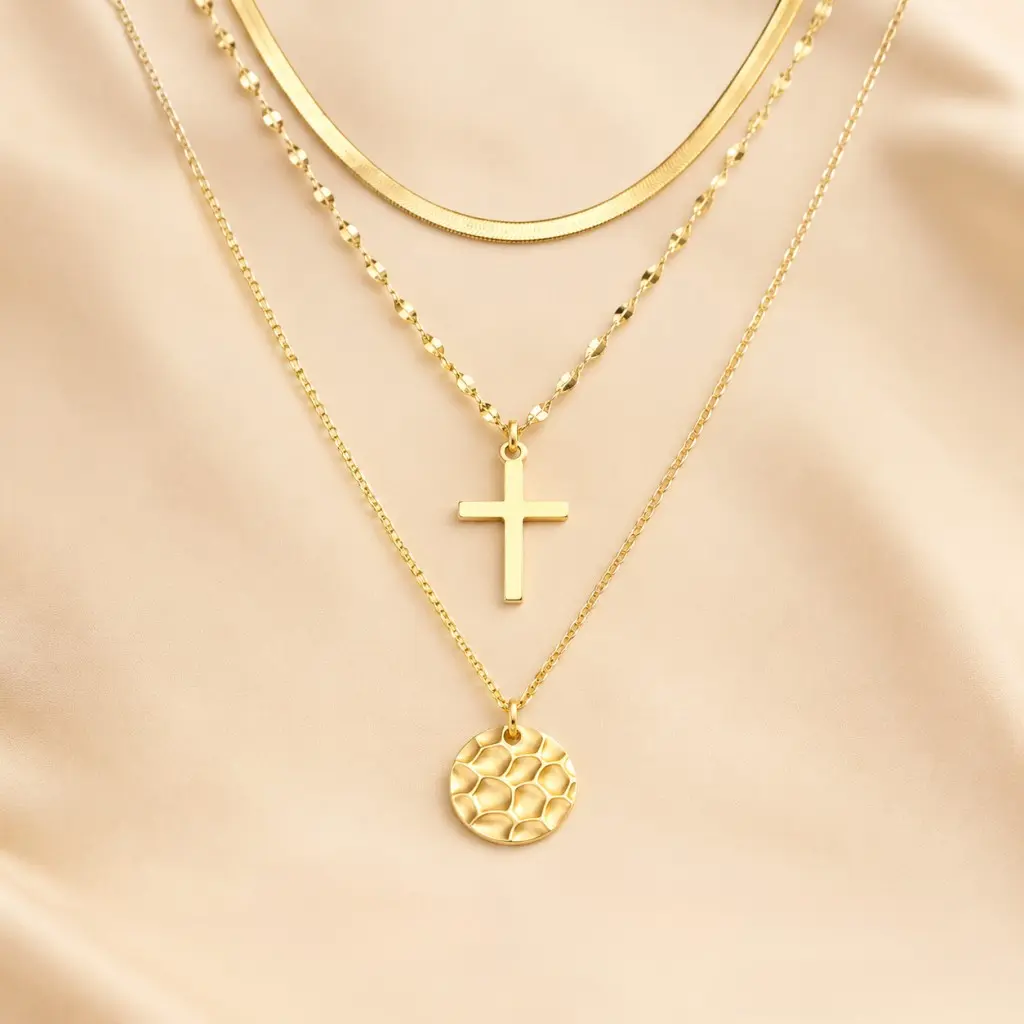 3 Pcs Stackable Layered Gold Necklaces Set for Women,14K Gold Plated Stainless Steel Herringbone,Cross & Hammered Coin Pendant Necklaces,15in 17in 19in with 2.5in Extender,Hypoallergenic Tarnish Resistant Dainty Jewelry for Everyday Wear