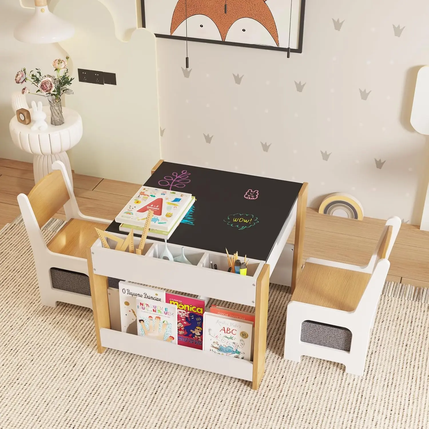 Gaomon Multi-Use Wooden Kids Table and Chair Set, 4-in-1 Activity Table with 2 Chairs, Detachable Tabletop and Storage Drawer for Toddlers’ Nursery, Playroom, Two Chairs
