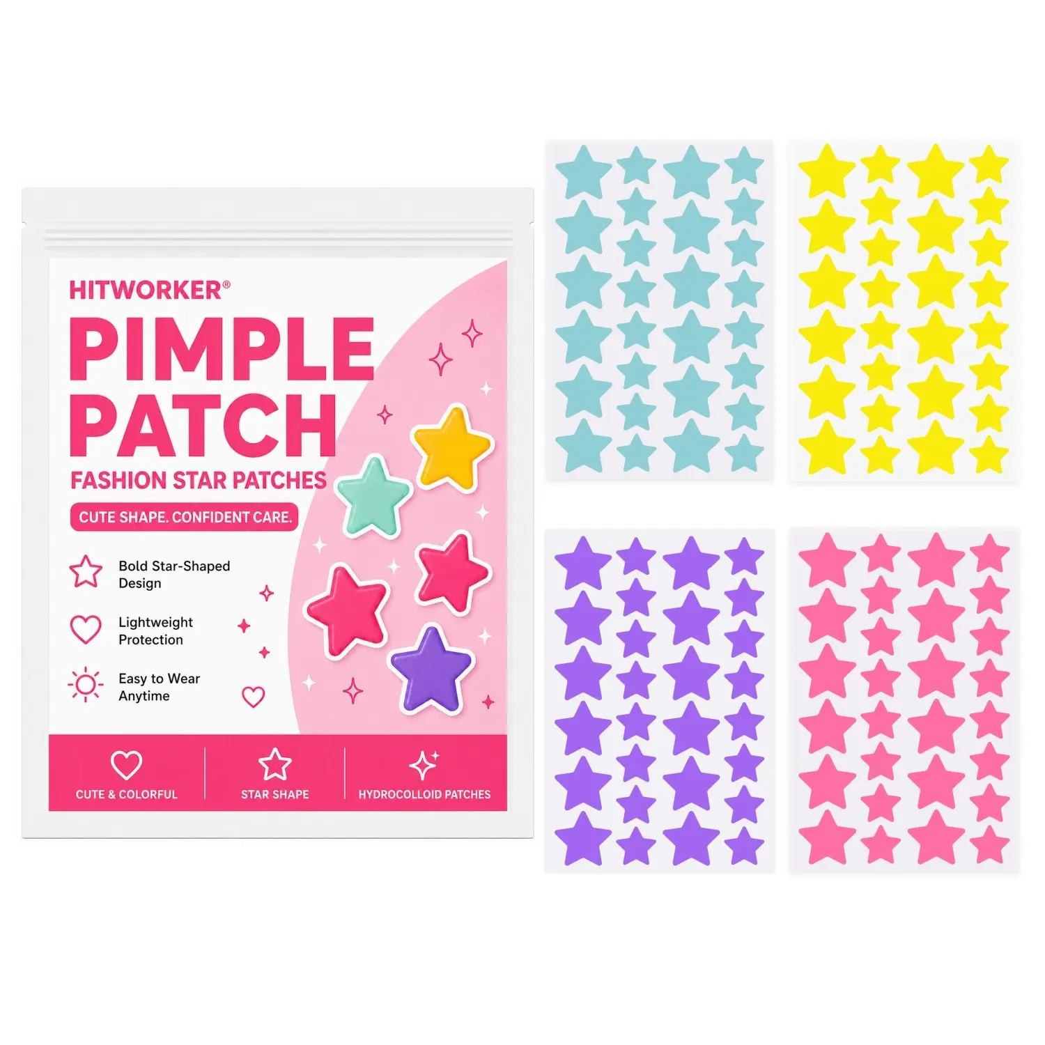 112pcs Star-Shaped Hydrocolloid Acne Pimple Patches, 4 Colors and 2 Sizes, Cute Blemish Cover Stickers for Face, 4 Sheets for Daily Skincare