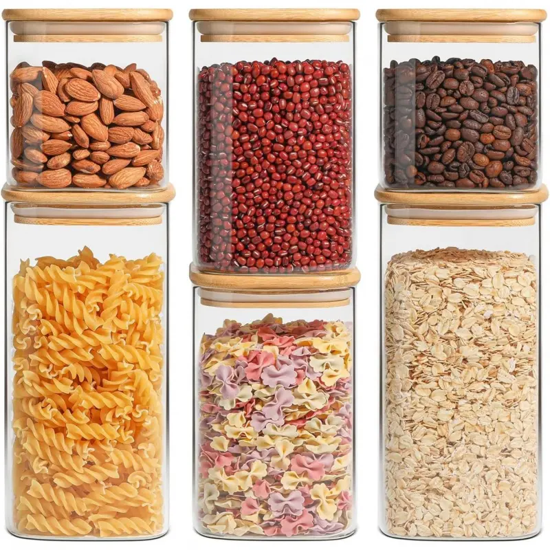 Airtight Glass Storage Canister with Lids (0.7Qt/1.2Qt/1.6Qt) Set of 6, Food Storage Container Kitchen Pantry Storage Jar, Glass Jars for Flour Cereal Sugar Tea Coffee Beans Snacks, Square