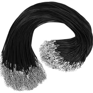 100Pcs Premium Leather Necklace Chains Bracelet Cord with Clasps for Pendants, Bulk Waxed Rope Necklace String, Black , 18" for Jewelry Making Supplies, 1.5mm