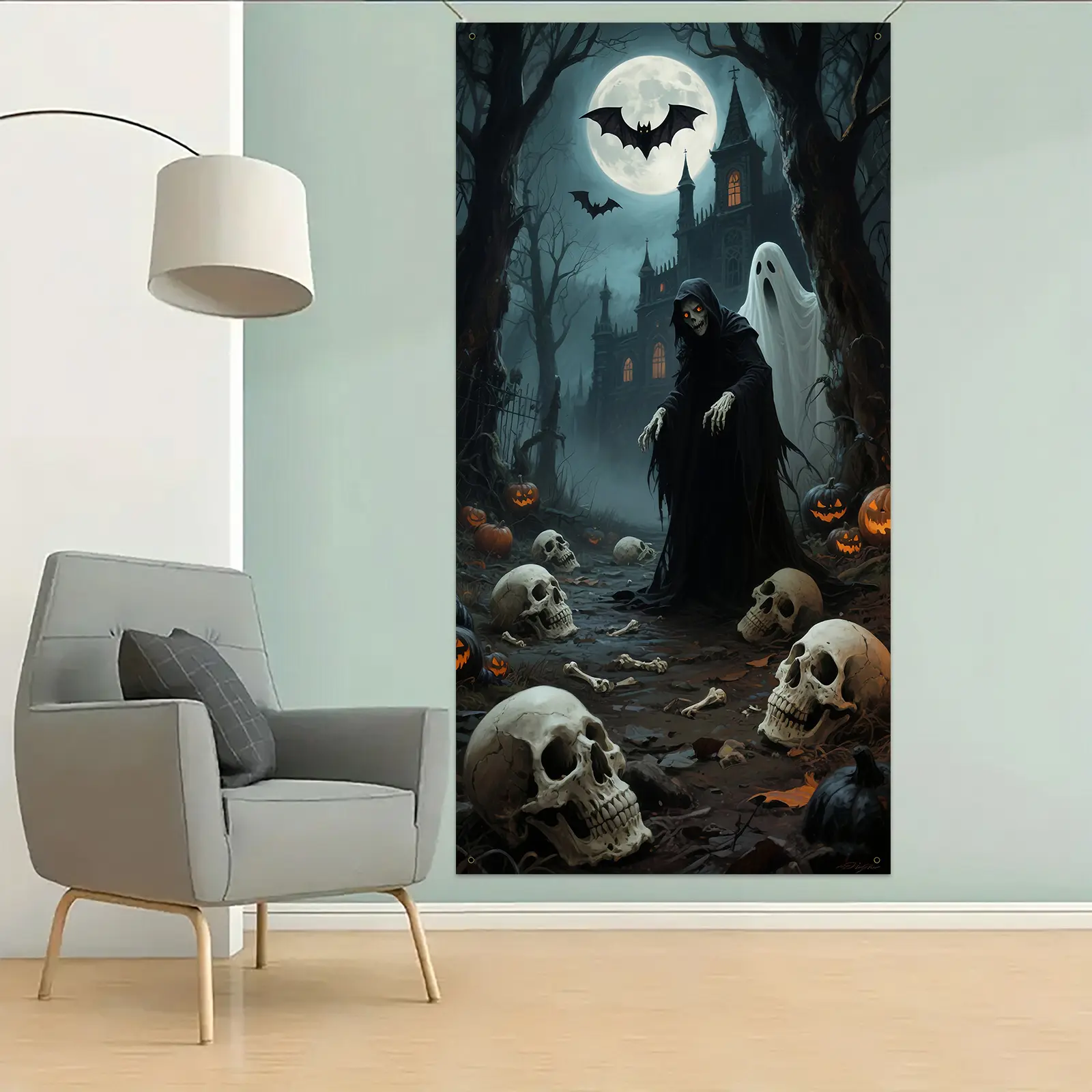 1 Halloween party banner - Polyester design of a terrifying forest, featuring skulls, pumpkins, bats and a haunted castle