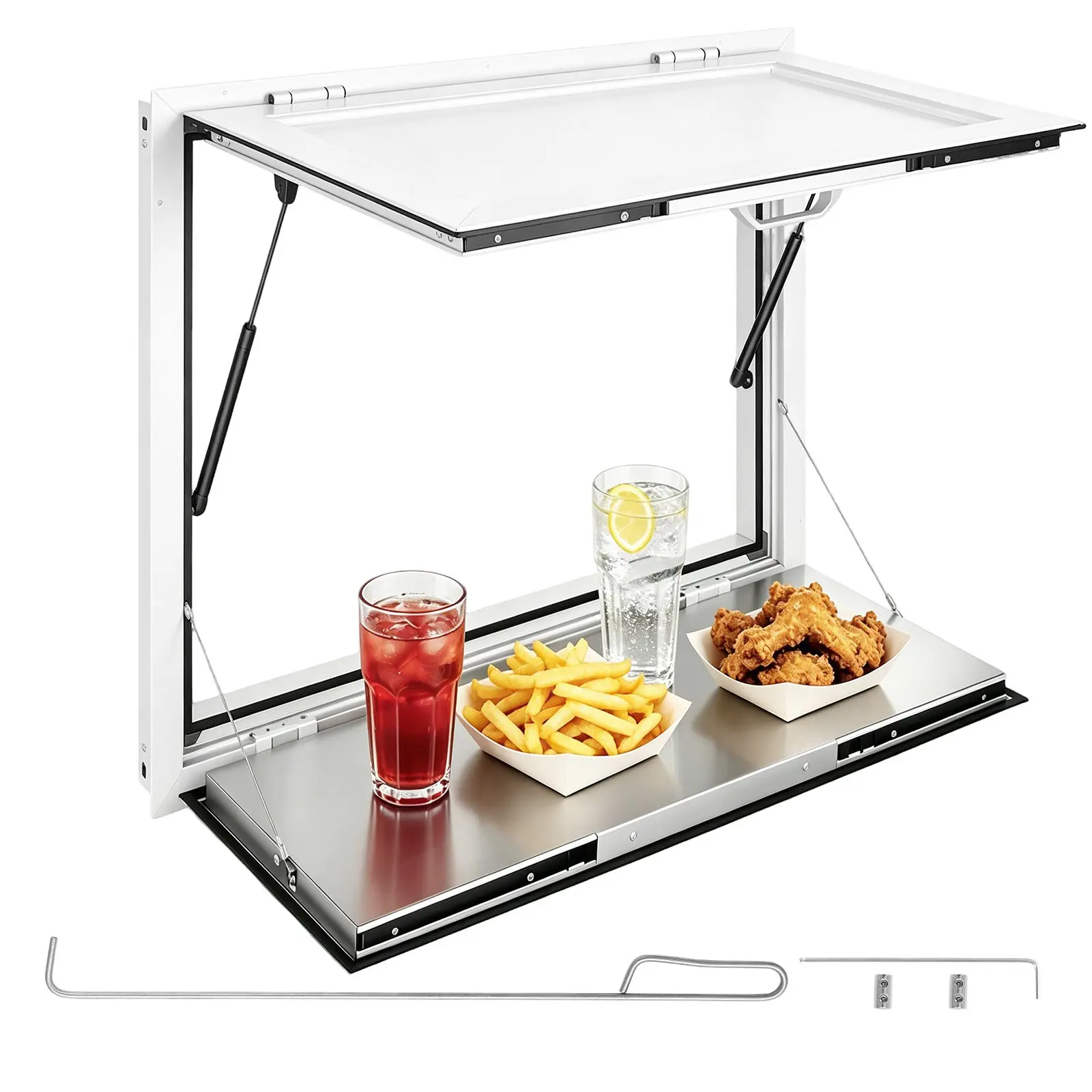 VEVOR 36x36in Aluminum Alloy Foldable Shelves, Concession Service Window with Bracket Installation, Glass Rainproof Awning Door, Drag Hook Arm, Square Frame, 85-Degree Fold for Food Truck, Bracket Mount