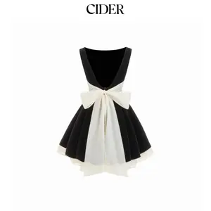 Cider Velvet Boat Neck Ruffle Tie Back Two Tone Patched Backless Mini Babydoll Dress