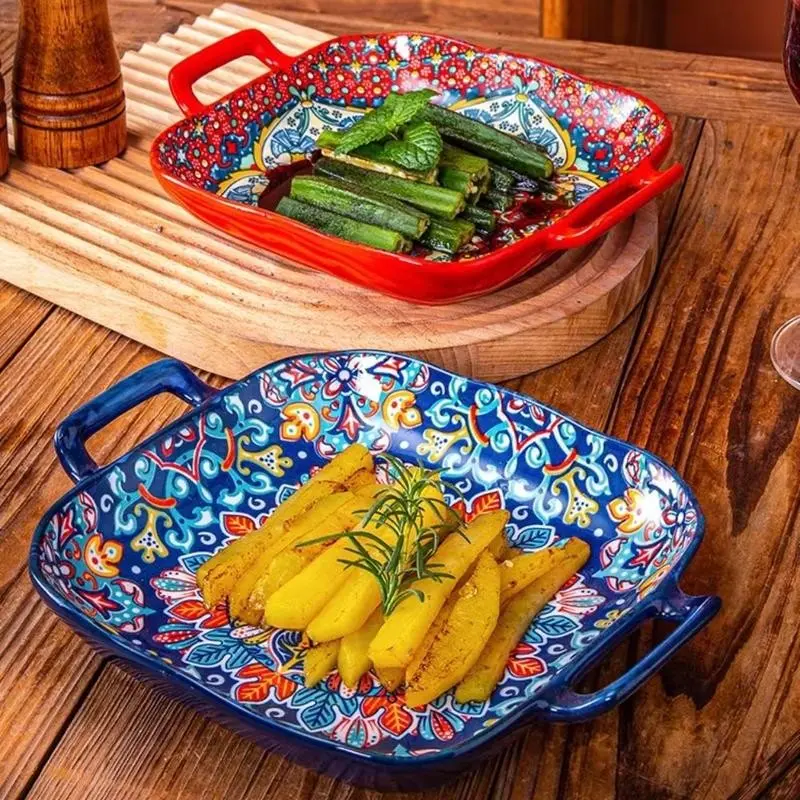 Boho Style Ceramic Serving Plates 2 Counts Set Floral Dual Handle Baking Dish Decorative Dinnerware Oven Microwave Freezer Dishwasher Safe Tableware For Home Dining Camping Picnic Party Housewarming Gift Kitchen Daily Use