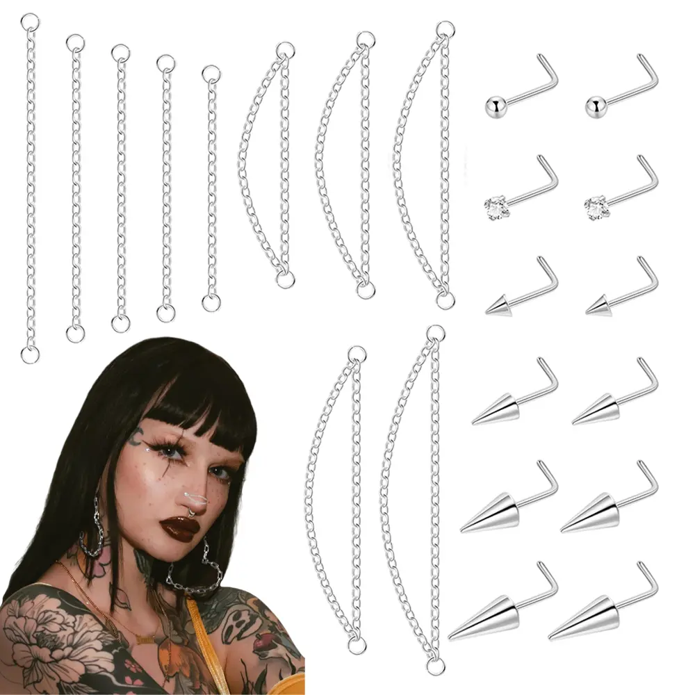 22Pcs 20G 316L Surgical Steel Nose Piercing Jewelry Set, Double Across Nose Chain, Ball Spike CZ L & S Shaped Nose Studs, Silver Gold Black Nostril Piercing Accessories for Men Women