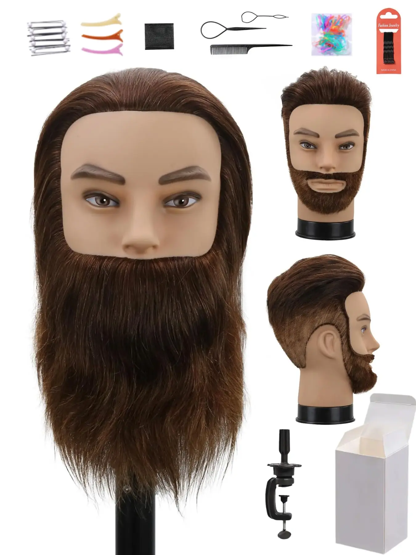 12" Human Hair Male Mannequin Head With 8" Beard Realistic Male Training Doll For Barber Practice, Training Tools. 100% human hair supports bleaching, dyeing, straightening. Great for barber school students, salon hairdressers to practice men haircut