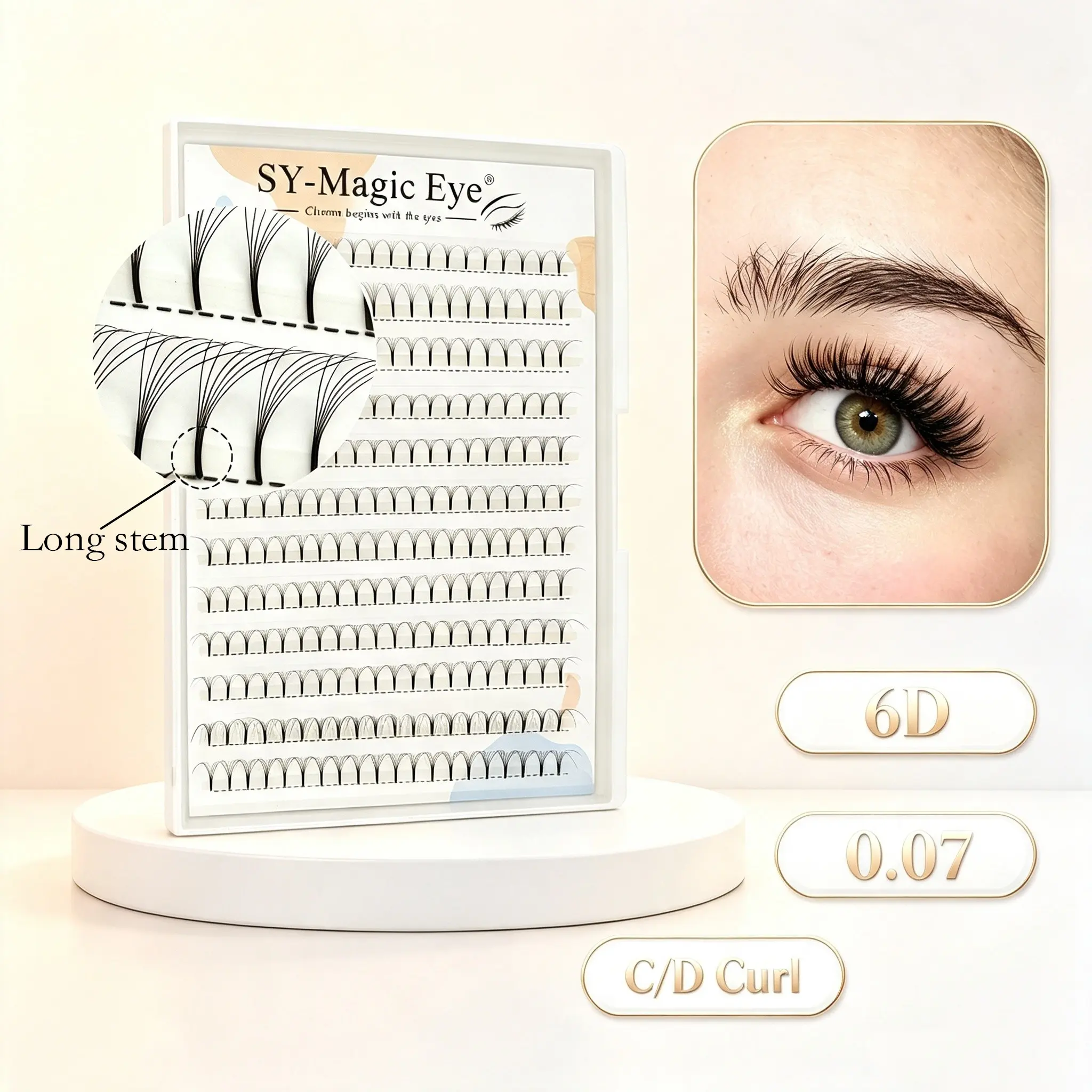 240 Pcs per box, Long Stem,6D,C / D Curl, Thickness 0.07mm ,8-15mm Mix Lengths, Premade Fans Eyelash Extension, Cluster eyelashes, Natural & Soft, Hand-grafted false eyelashes