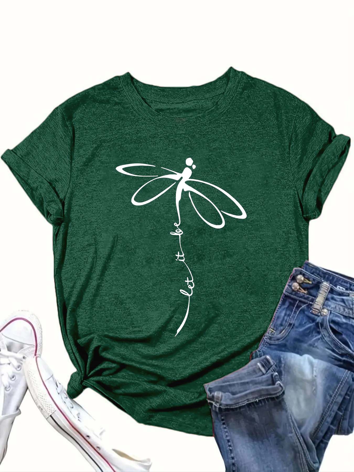 【Plus Size】 Dragonfly Print Round Neck Tee, Casual Short Sleeve Crew Neck T-shirt for Summer, Women's Clothing for Daily Wear