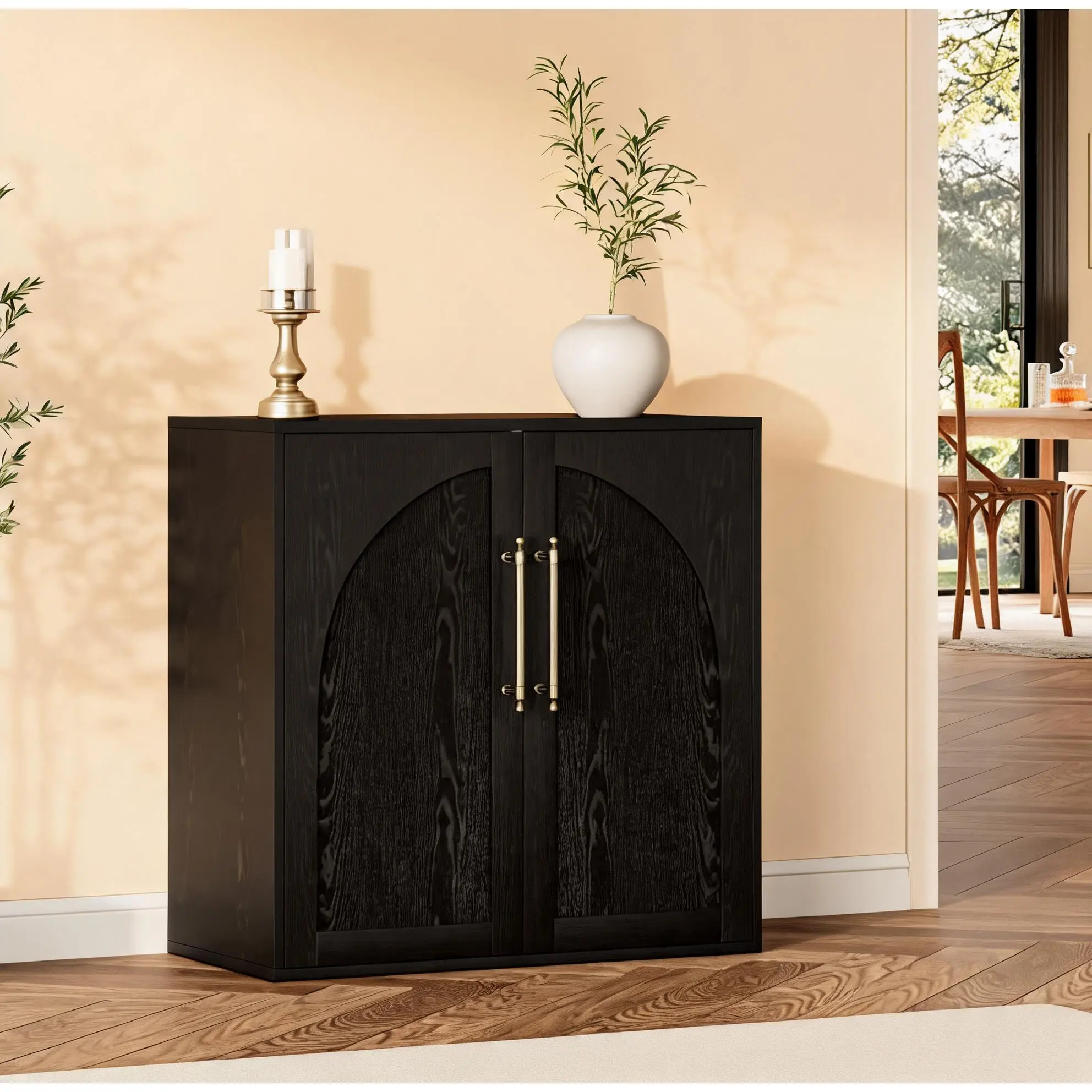 31.5" Arched Sideboard Cabinet, Vintage Farmhouse Buffet with Brass Hardware, Adjustable Shelves, Solid Wood Base for Entryway & Kitchen