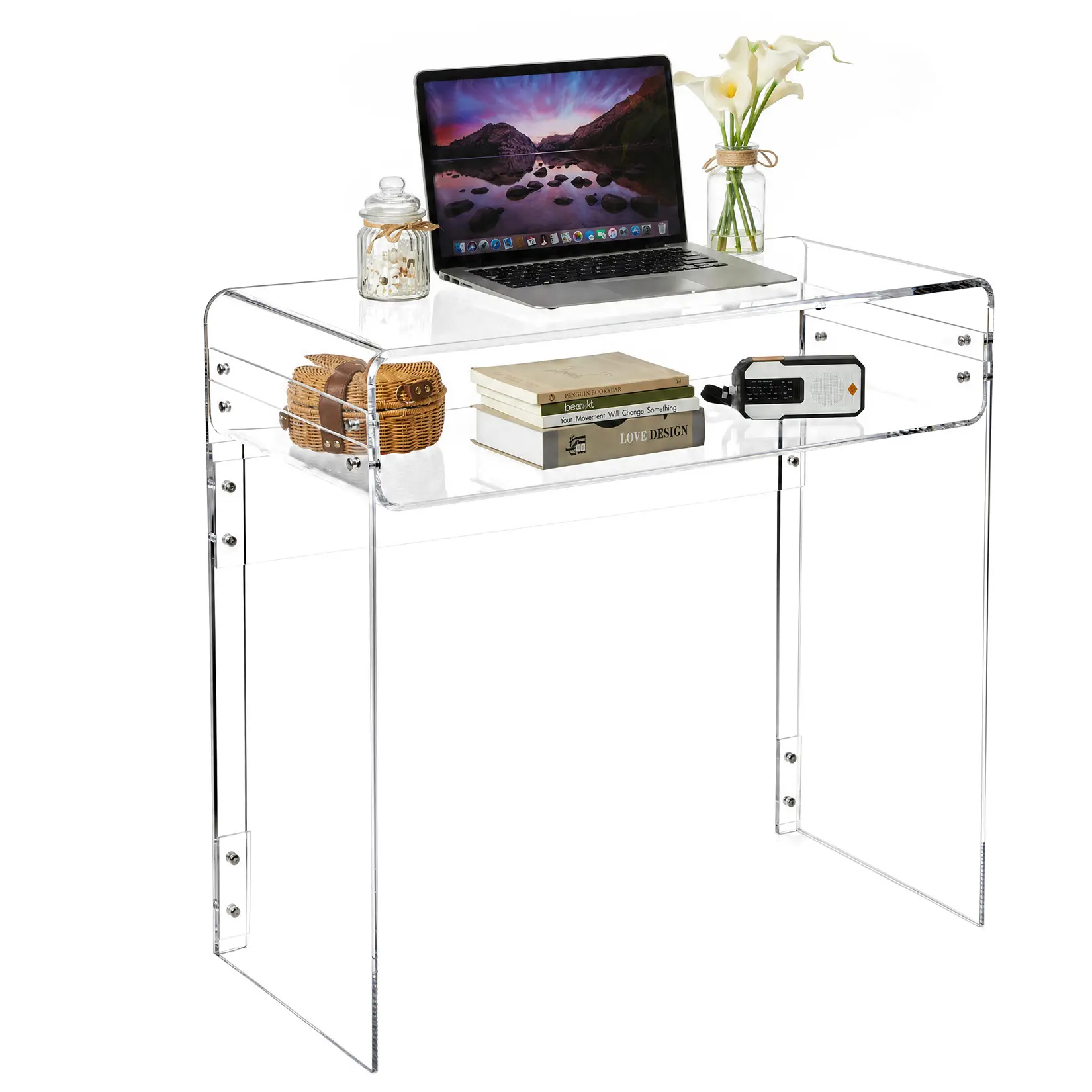 Modern Clear Acrylic Coffee Table with Storage Shelf – Transparent Console Desk – Sturdy Writing Table for Living Room, Bedroom, or Office – 33.5 Inch, Versatile Home Furniture