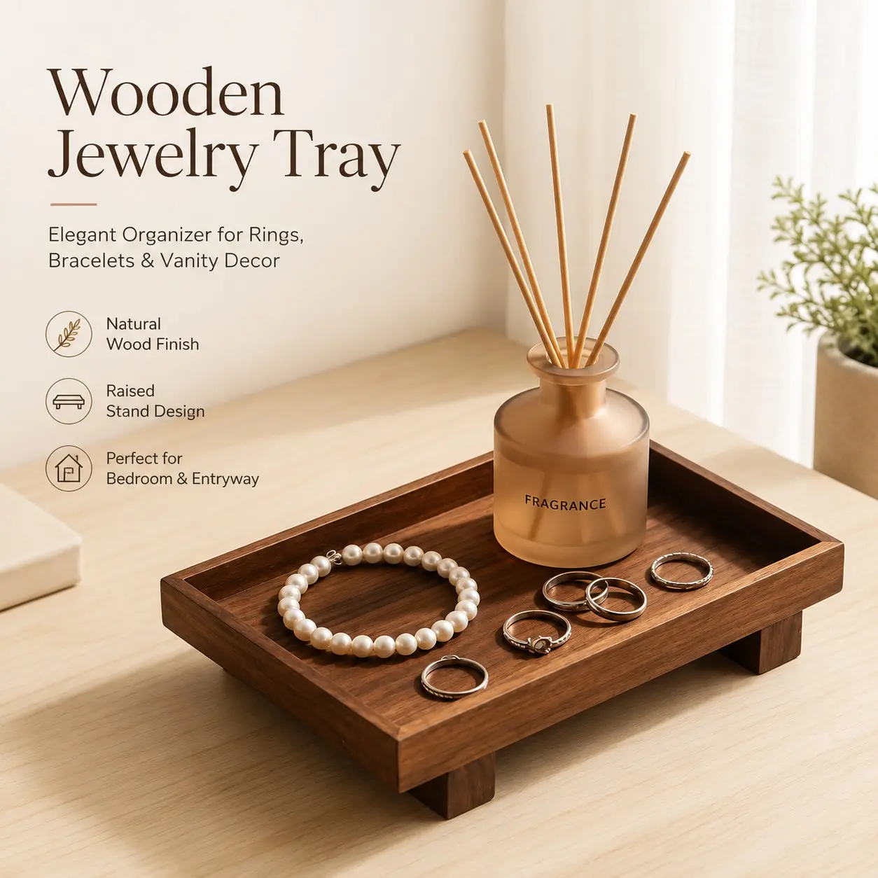 Multi Sizes Raised Wooden Serving Tray with Stand, Walnut Finish, Elevate Your Space, Perfect for Bathrooms & Kitchens, Organize Stylishly