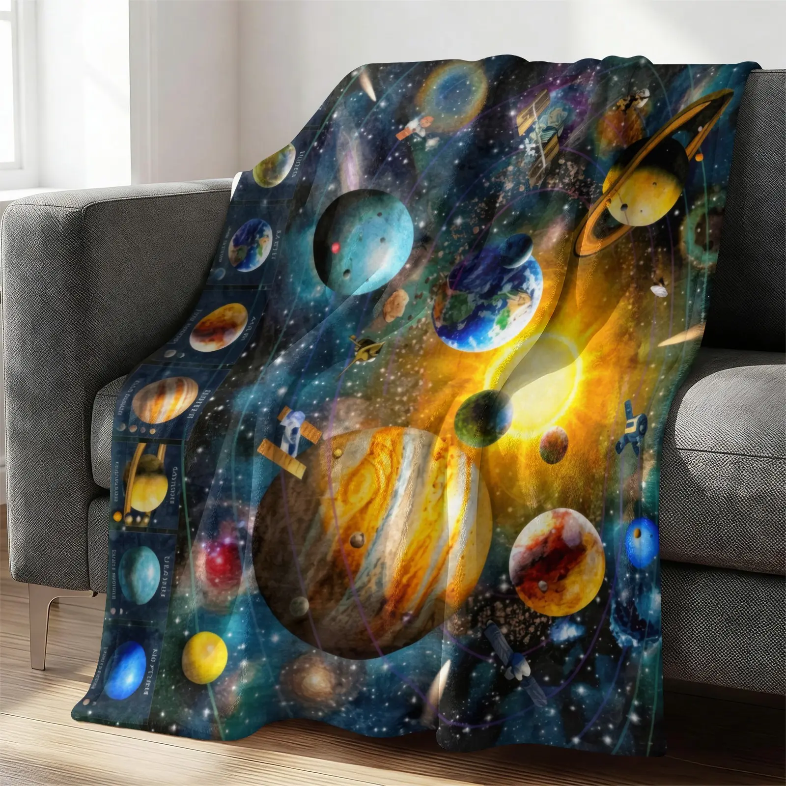 Dreamy Galaxy Solar System Viral Blanket, Cosmic Star & Spacecraft Printed Sofa Throw Blanket, Warm All-Season Blanket for Dormitory, Space Style Plush Blanket for Room Decoration & Shooting, Blankets for Sofa