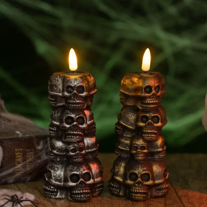 Halloween Flameless Skeleton Skull Figural  Real Wax Pillar LED Candle Single Moving Flickering Natural Glow LED Light 5" x 2.4" Unscented Skulls Collection Candle
