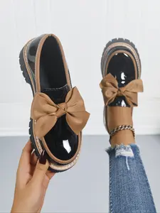 Women's Bowknot Design Loafers, Affordable Loafers, Flat Walking Shoes, Spring & Fall Casual PU Leather Shoes, Plain Pattern, Less Than Ankle Height, PVC Sole