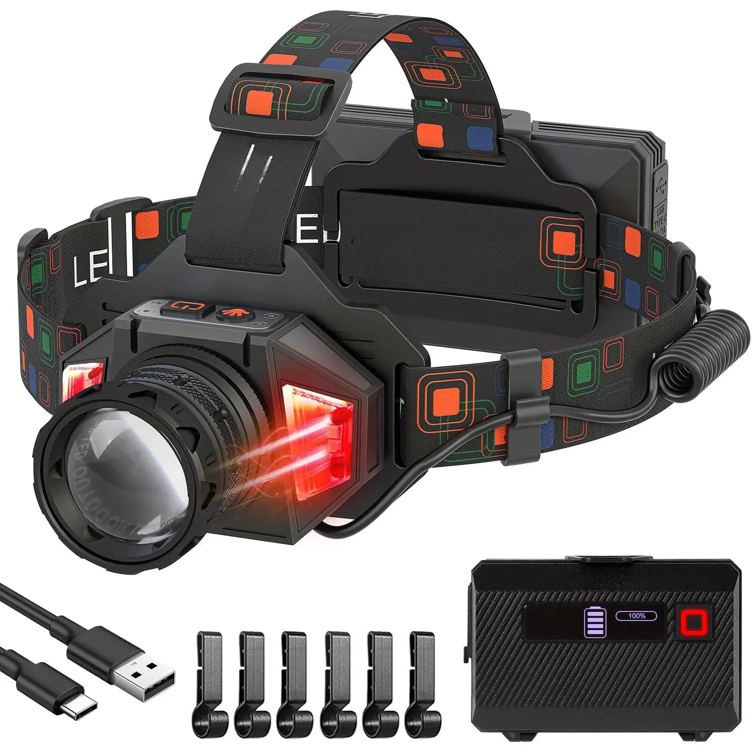 LED Headlamp Rechargeable, 3000 Lumens Head Lamp Battery Power |   9 Modes |   72H Long Battery Life |   Motion Sensor |   Red Light |   IP65 Waterproof |   90 °   Adjustable Headlight  Hardhat, Camping, Hiking