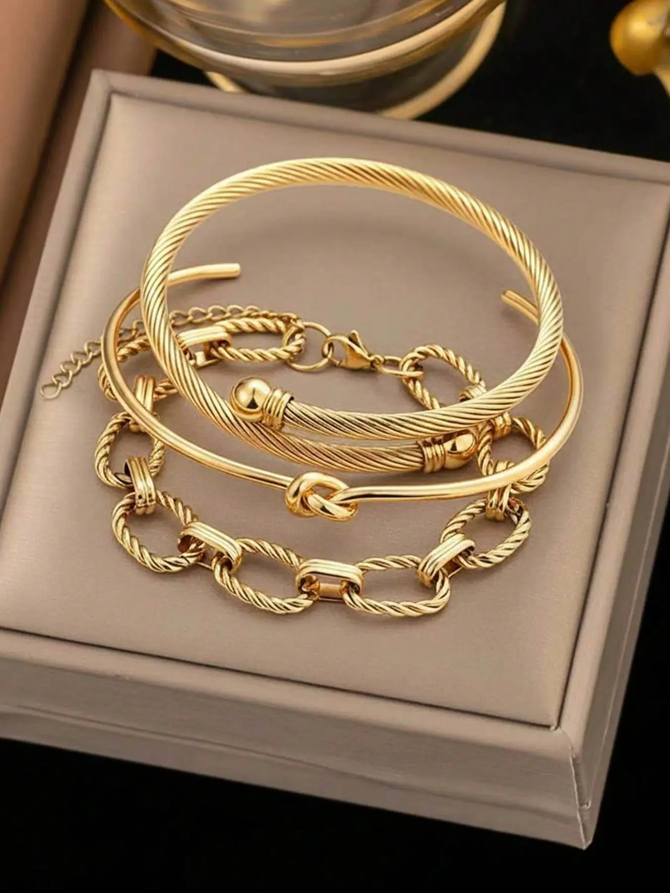 3pcs Stainless Steel Bangle Bracelet Set for Women, Adjustable Open Design, Luxury European Style, Perfect Gift