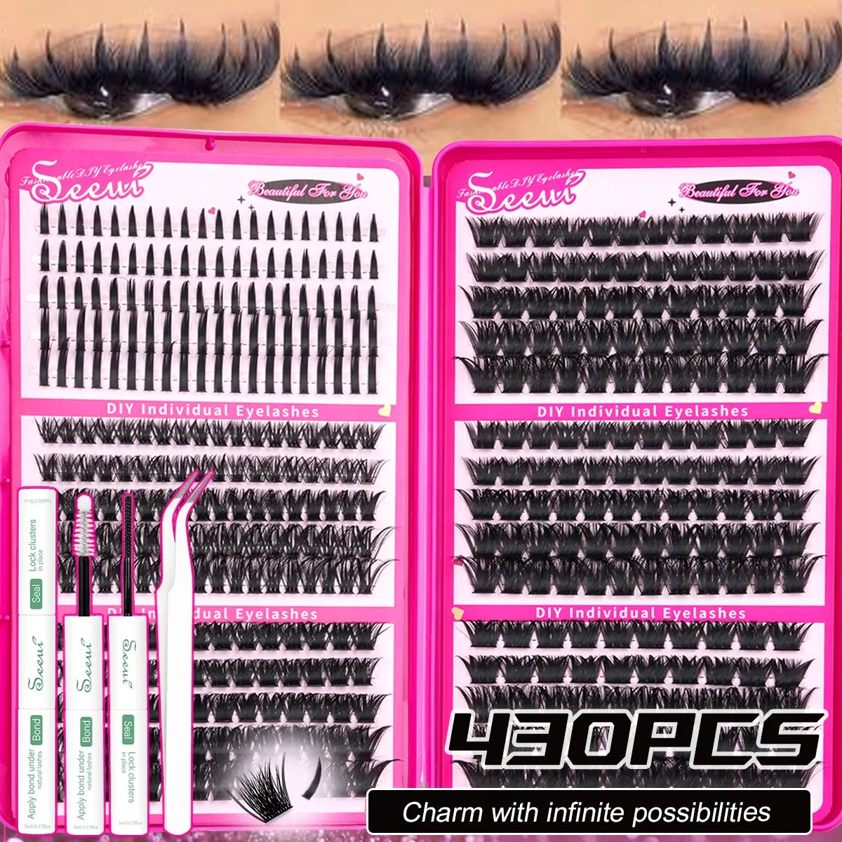 DIY Spikes Lash Clusters Kit, Mega Thick 80D/100D/120D/150D/200D/Fluffy, Voulme Lash Kit, Faux Mink Lashes Kit, Soft Lightweight Curled Eyelashes, Waterproof Long-Lasting, Includes Bond&Seal&Tweezers