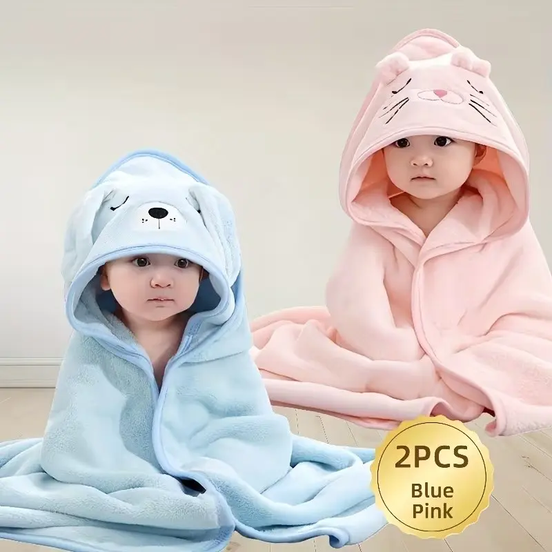 2-Pack Soft Absorbent Baby Bath Towels, Ultra-Fine Fiber Coral Fleece, Wearable, 31.49x31.49in, Kids 0-4 Years, Cute Embroidery, Durable