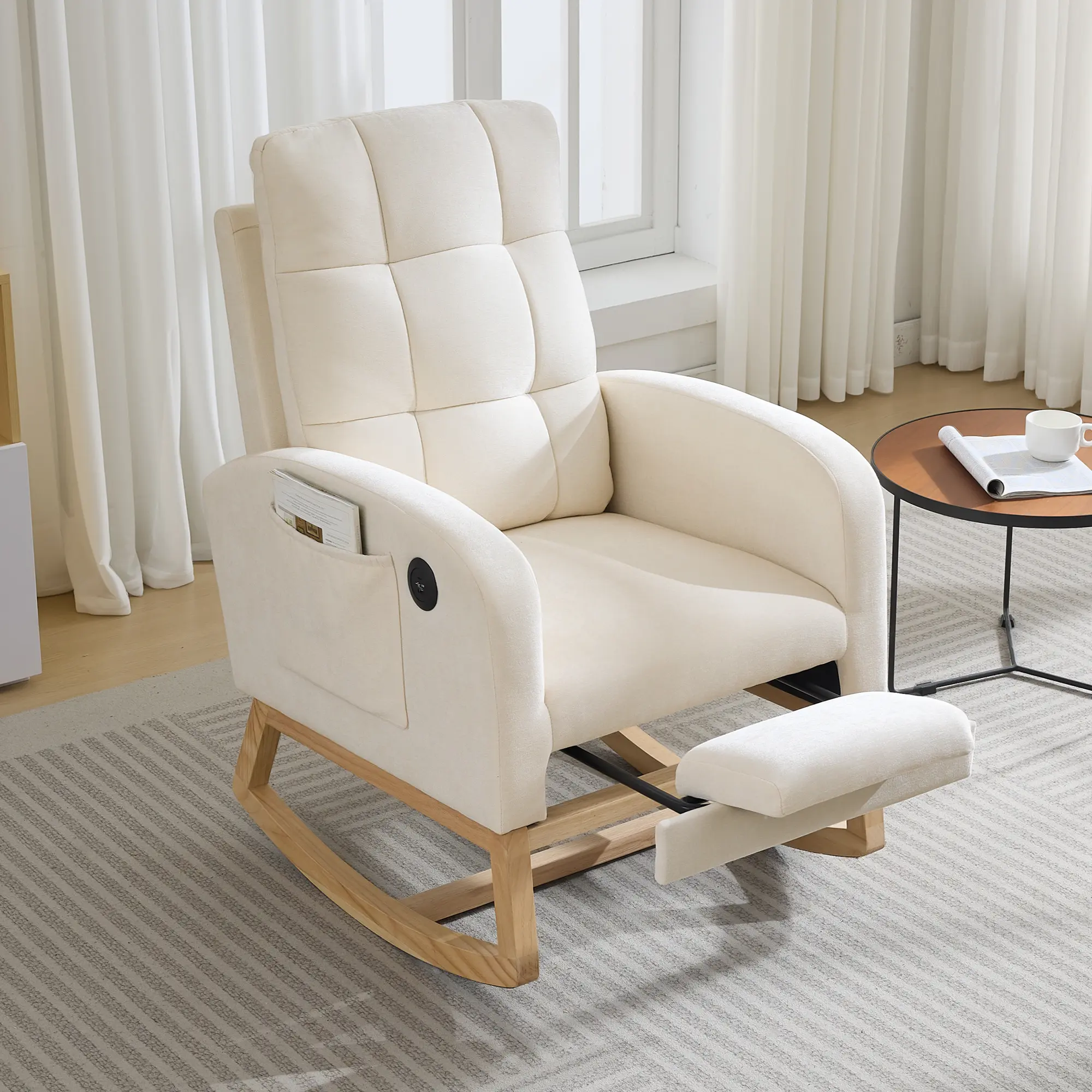 High Back Modern Rocking Recliner Glider Chair - Upholstered Linen Accent Chair with Side Pocket, USB Ports, and Plain Wood Legs - Appropriate for Living Room or Bedroom - Linen Beige