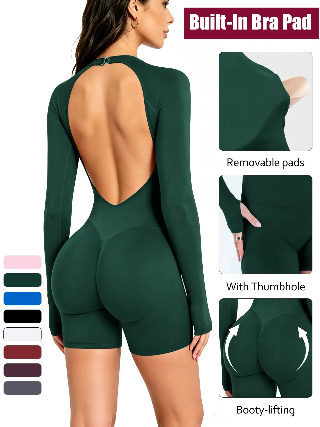 Long Sleeve Seamless Halter Bodysuit Jumpsuit with Shorts – Large Backless, Snap design,Quick-Dry Breathable Fitness Bodysuit with Hand-Cover Sleeves, Sexy Figure-Flattering Hip-Lifting One-Piece for Sports, Fitness, Dance & Outdoor, Shaping Jumpsuit