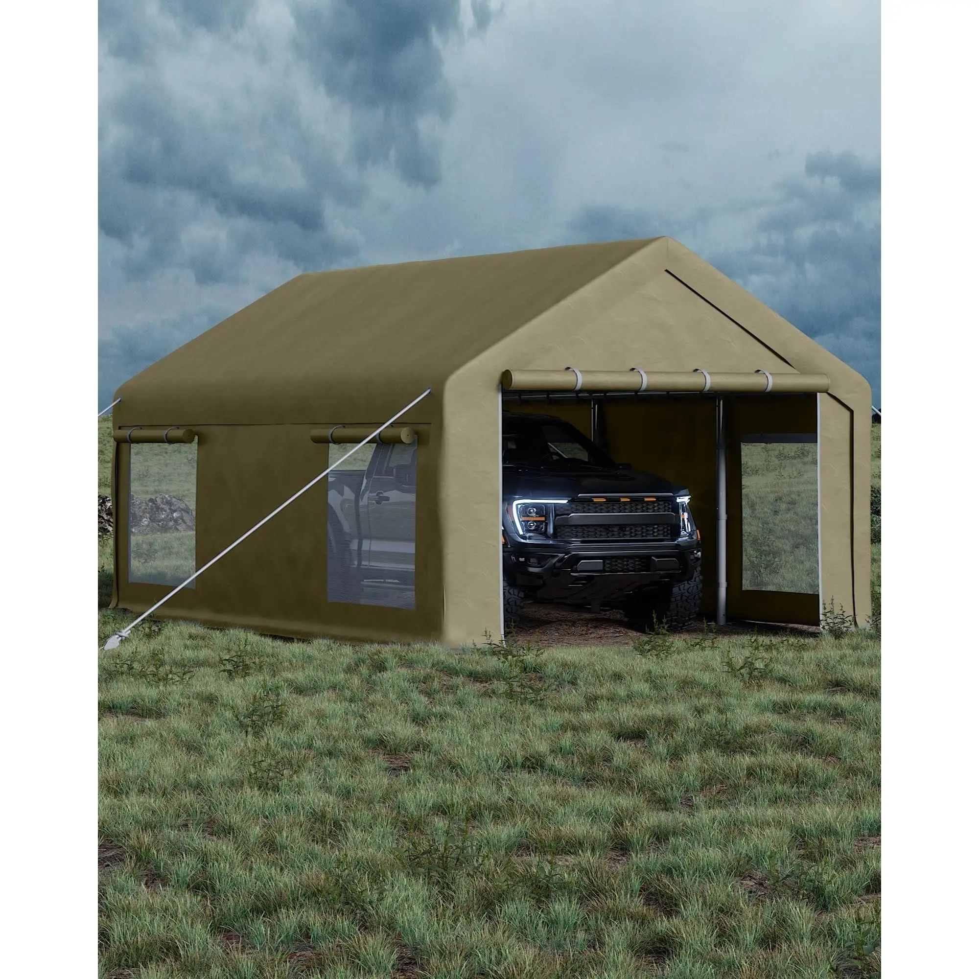 12x20 FT Heavy Duty Portable Carport Garage, 200g Waterproof PE Canopy Shelter with 2 Roll-Up Doors & 4 Side Windows, Multi-Purpose Outdoor Storage Tent for Cars Boats Pickups Paint Booth & Events