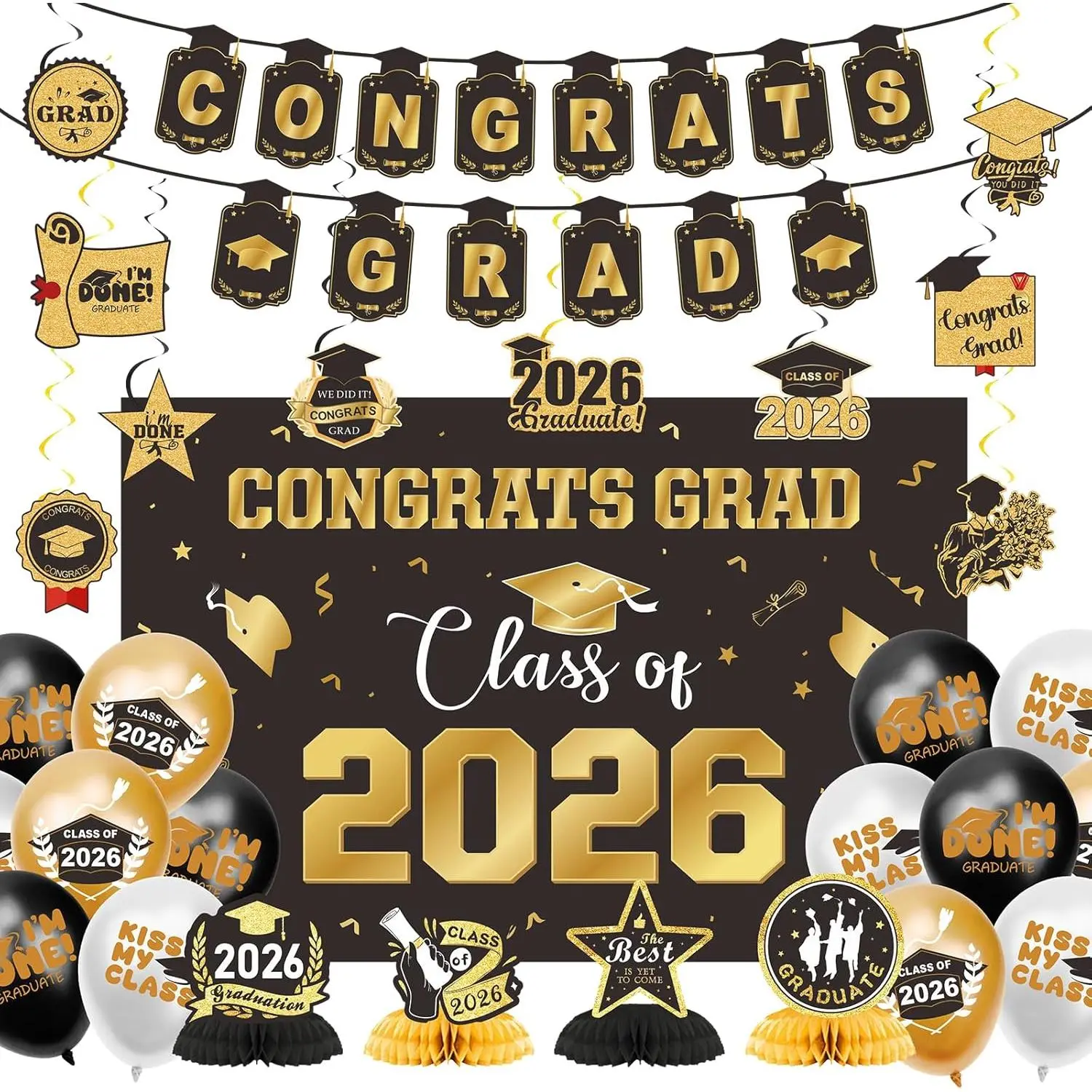 2026 Gold Graduation Decorations, Premium Cardstock Party Supplies Kit with Banner, Balloons, Centerpieces, Hanging Swirls, and Photo Backdrop for Grads, Gift, 10 Hanging Swirl Ornaments