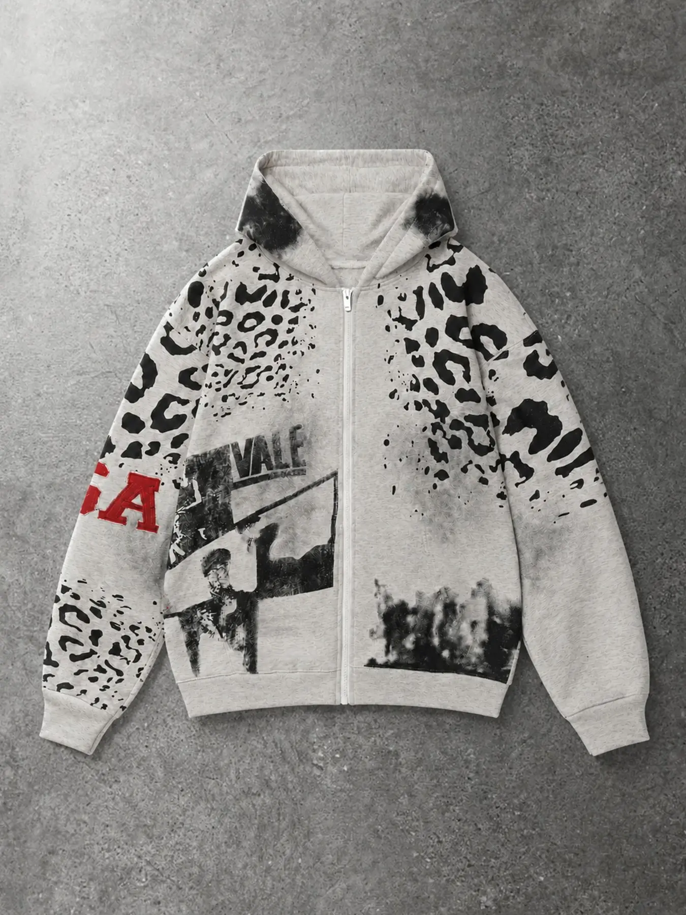 American Vintage Leopard Patchwork Hooded Sweatshirt, Antique Portrait Print, Loose Fit, Street Style, Fall & Winter Top
